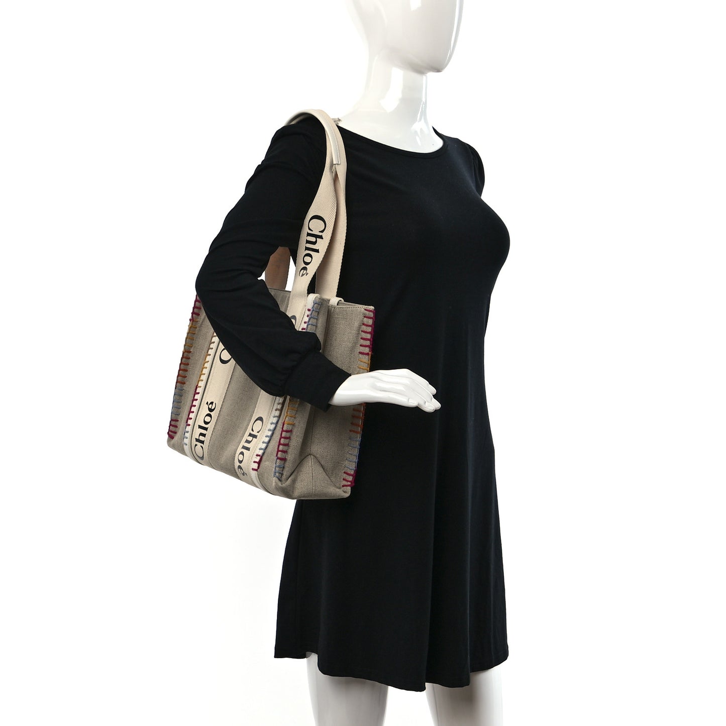 Linen Canvas Calfskin Blanket Stitched Medium Woody Ribbon Tote White Multicolor