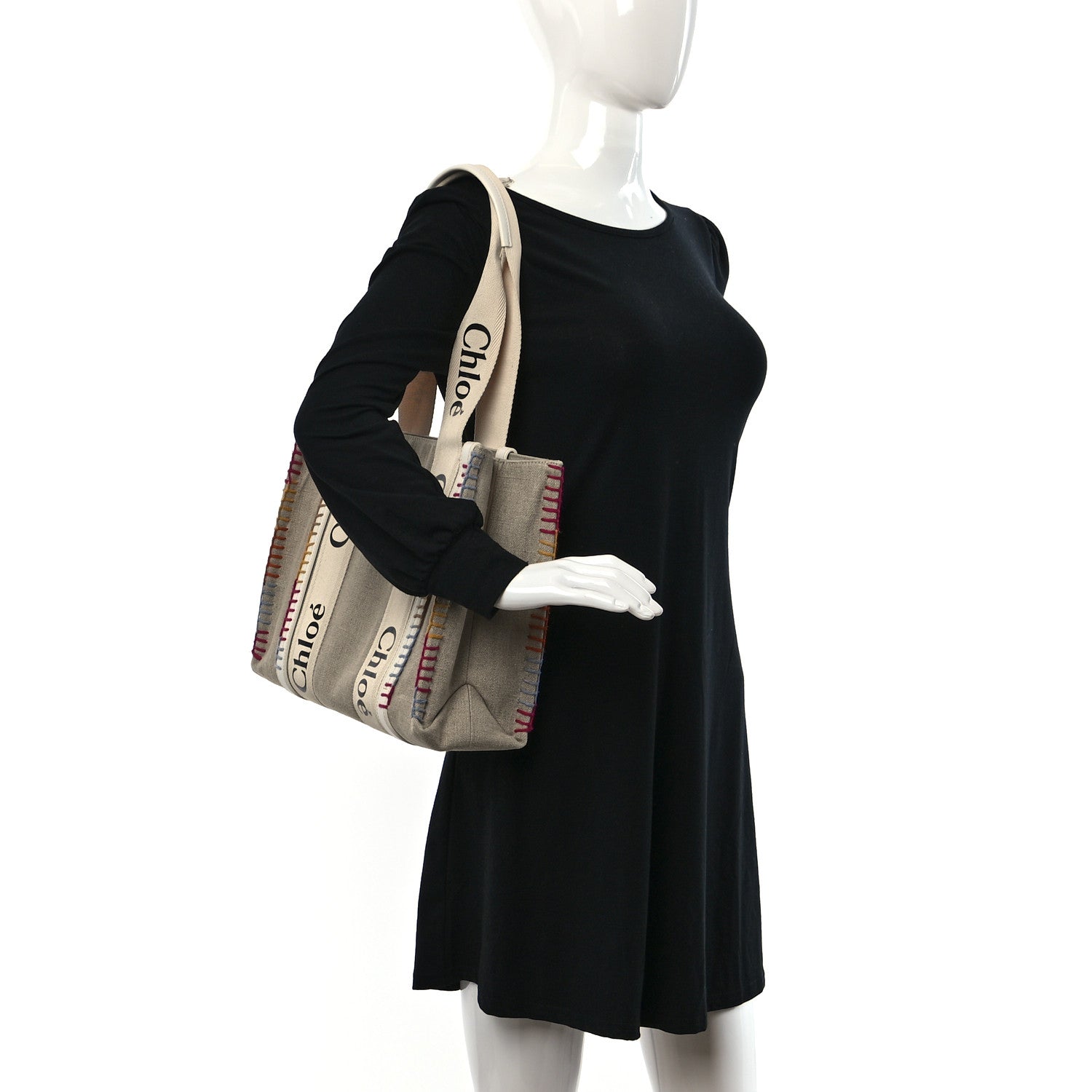 Chloe Linen Canvas Calfskin Blanket Stitched Medium Woody Ribbon Tote White Multicolor 2 of 10