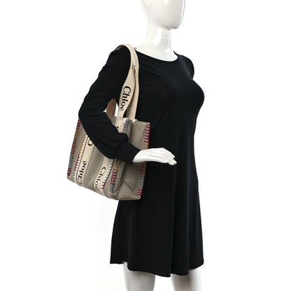 Chloe Linen Canvas Calfskin Blanket Stitched Medium Woody Ribbon Tote White Multicolor 2 of 10