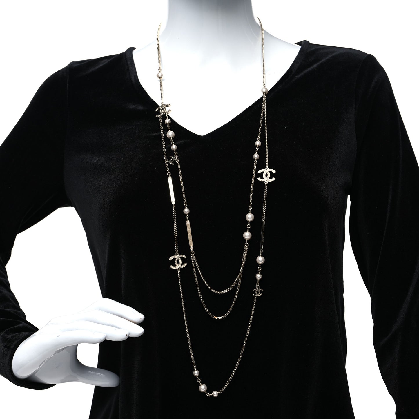 Pearl Crystal CC Long Layered Necklace Gold