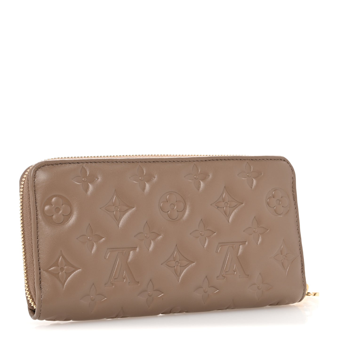 Lambskin Embossed Monogram Coussin Zippy Wallet Taupe