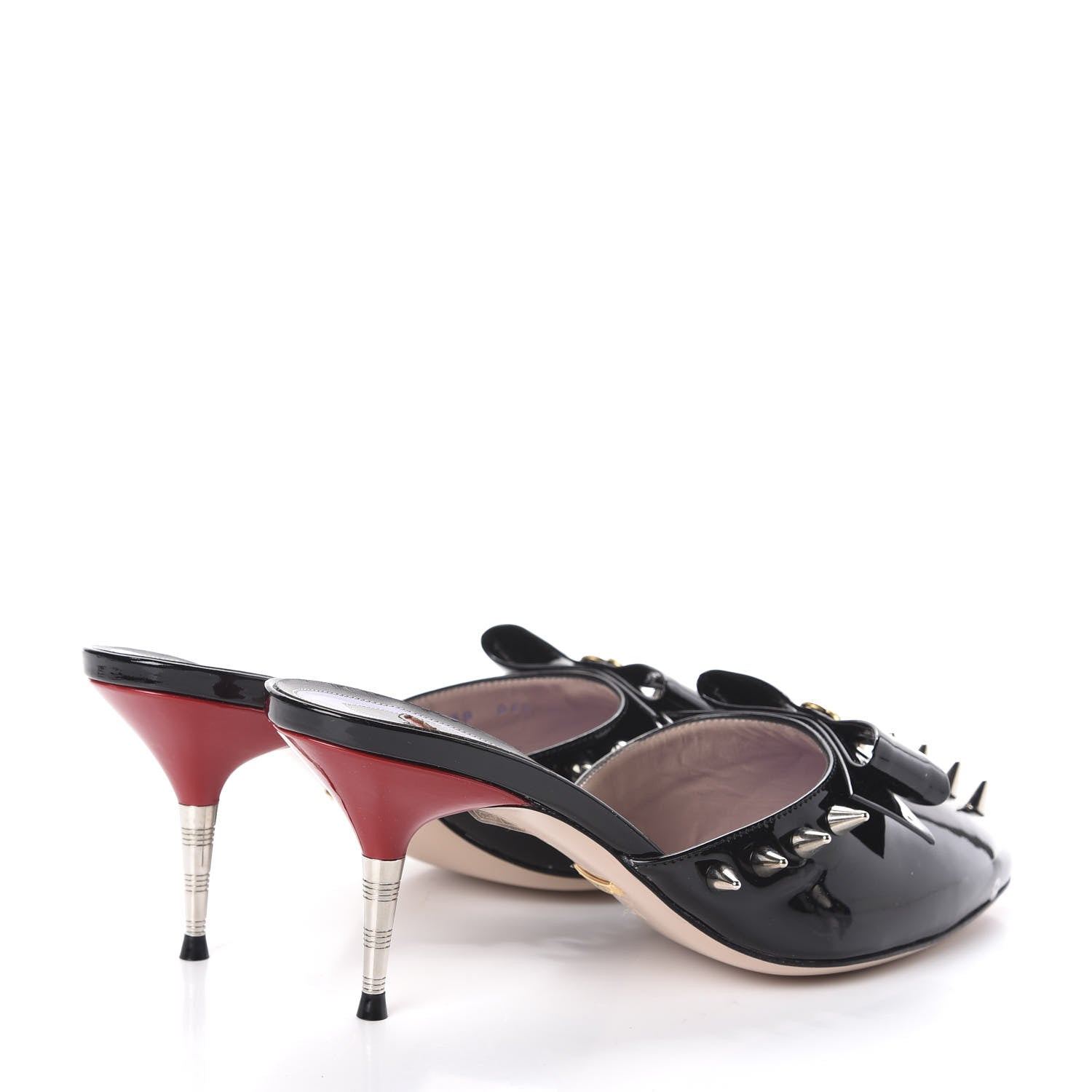 Gucci Patent GG Bow Sadie Spike Mid Heel Mules 38 Black 4 of 7