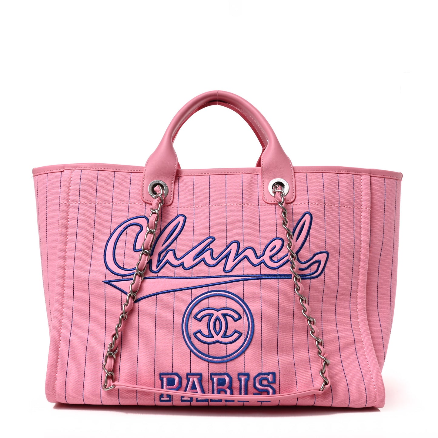 Canvas Calfskin Striped Large Deauville Tote Pink Blue