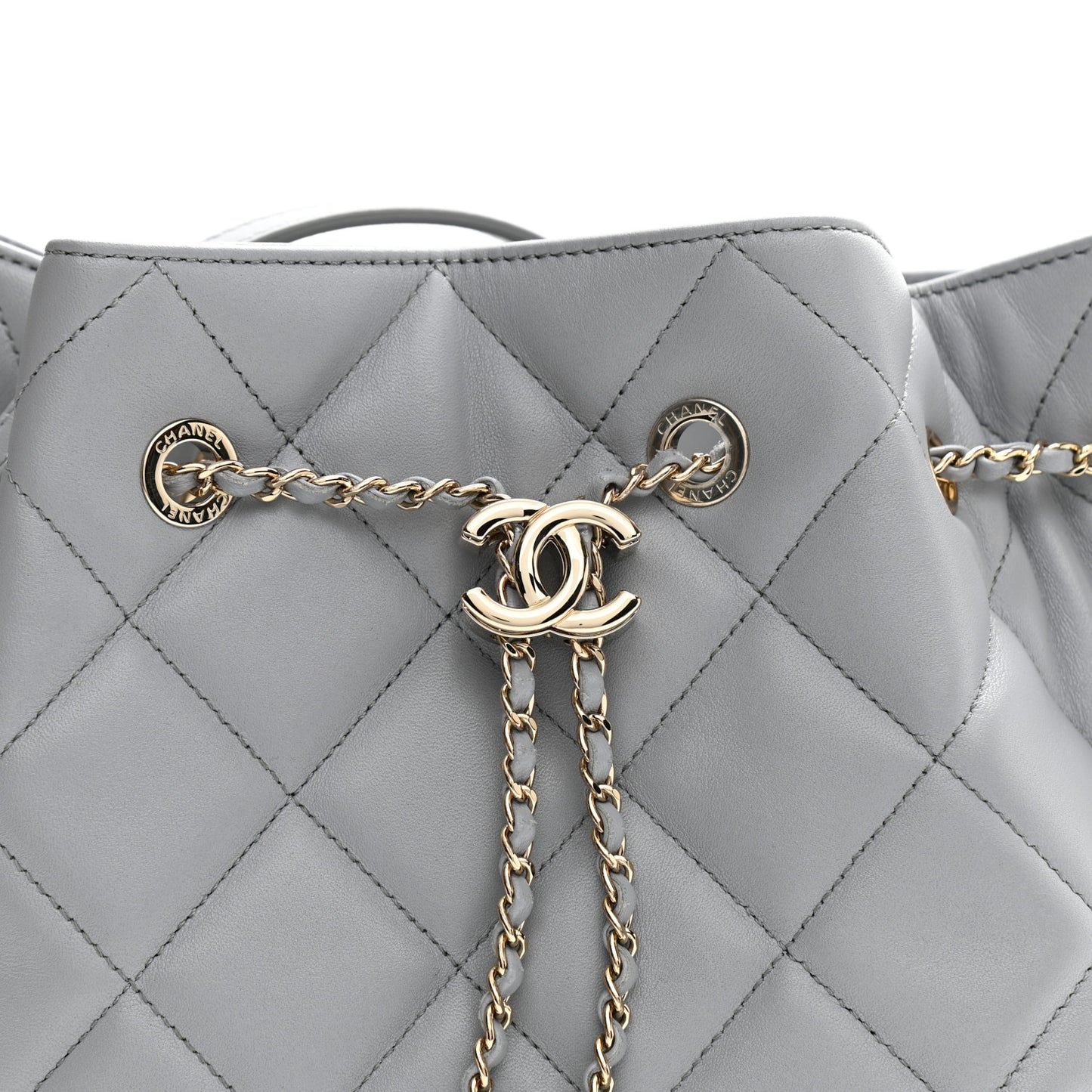Lambskin Quilted CC Dweller Drawstring Bucket Bag Light Grey
