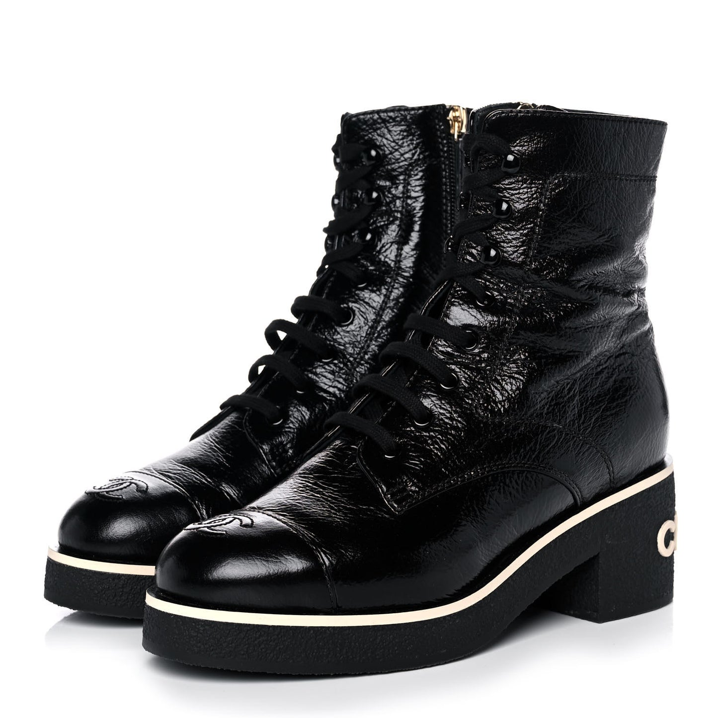 Shiny Crumpled Lambskin Lace Up Combat Boots 38 Black