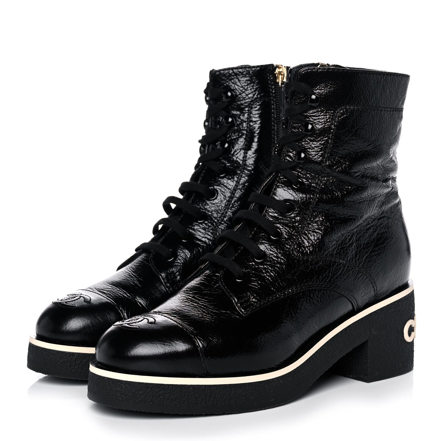 Chanel Shiny Crumpled Lambskin Lace Up Combat Boots 38 Black 3 of 9