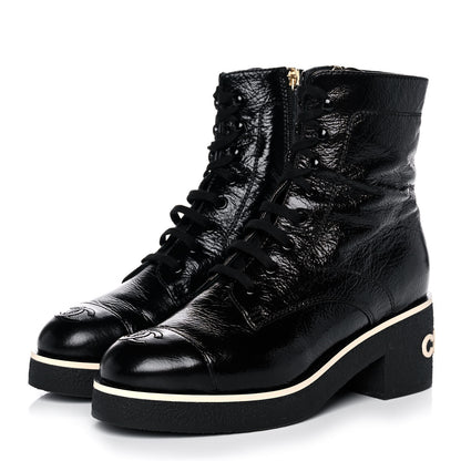 Chanel Shiny Crumpled Lambskin Lace Up Combat Boots 38 Black 3 of 9