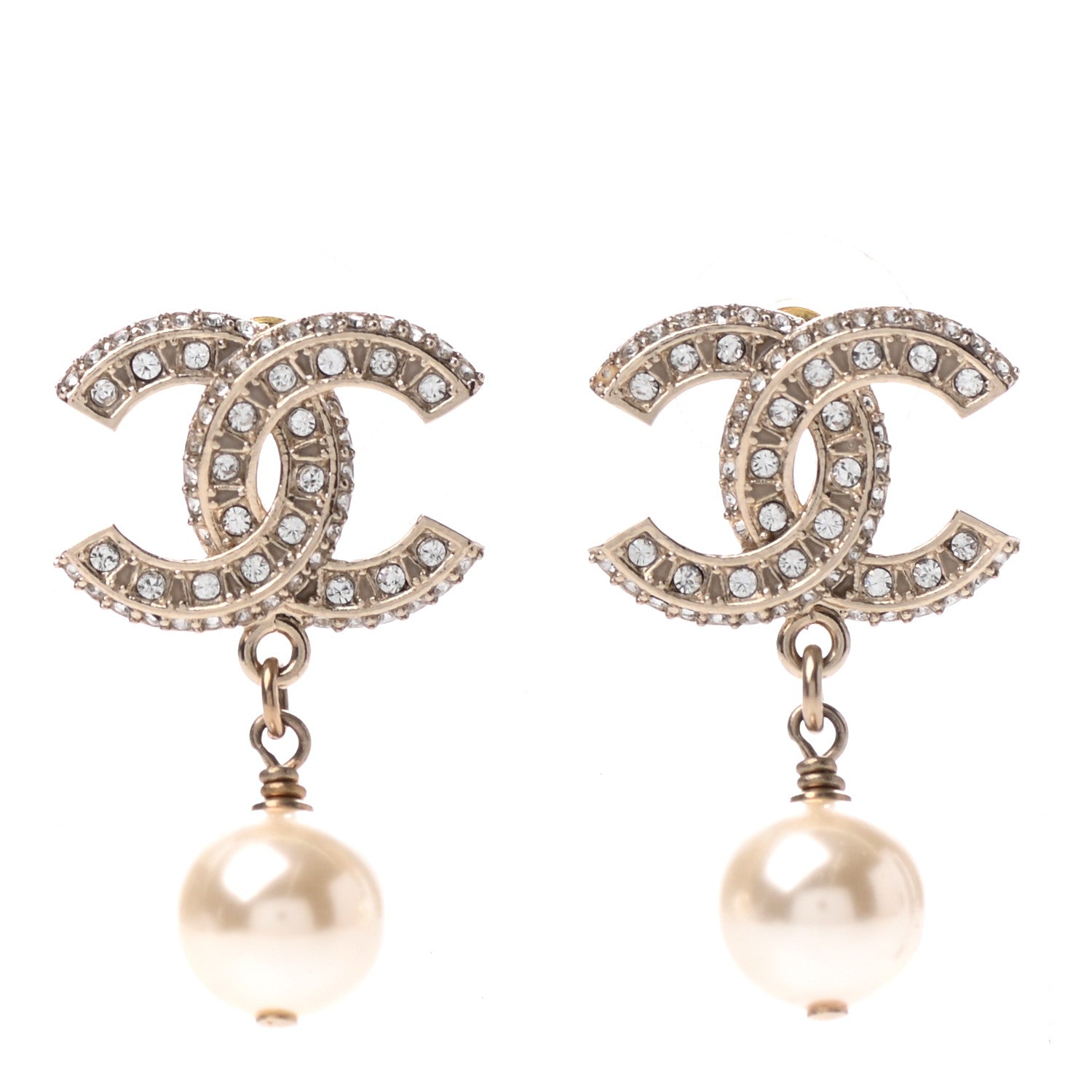 Chanel Crystal Pearl CC Drop Earrings Gold 1 of 4