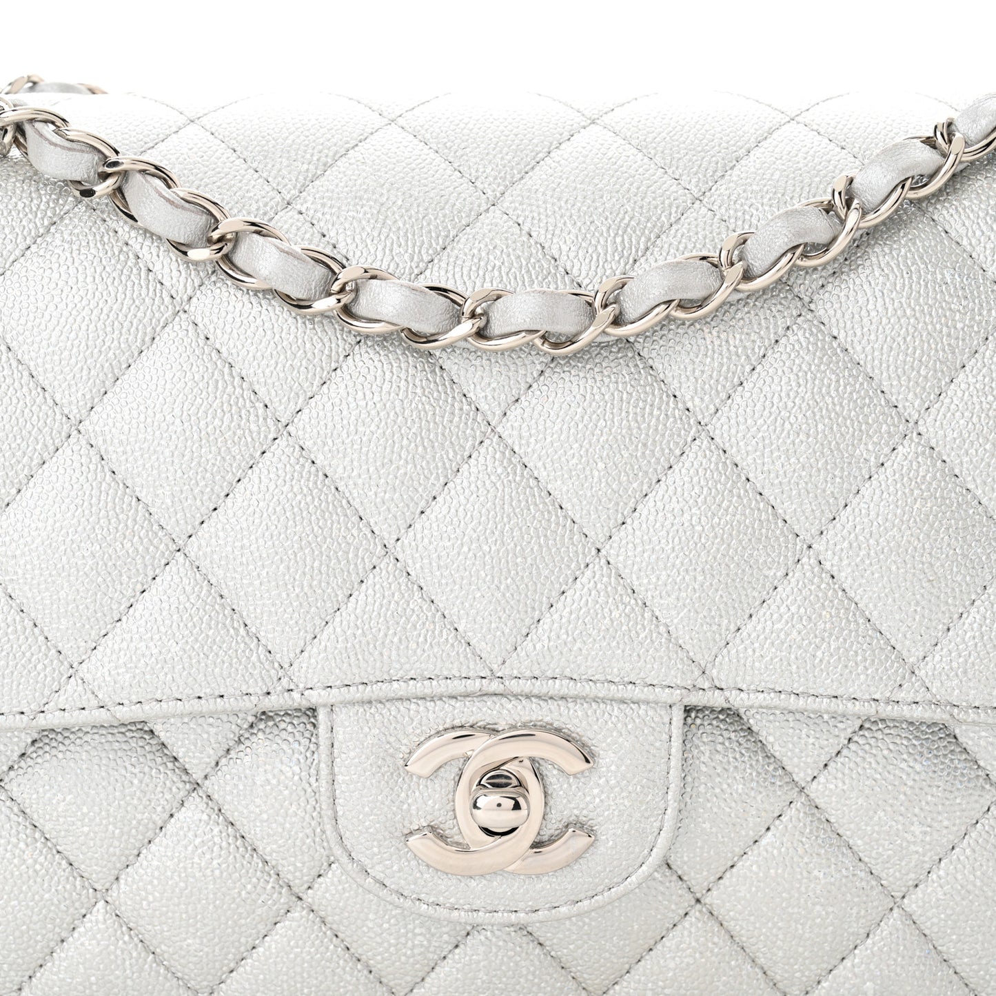 Glittered Metallic Caviar Quilted Medium Double Flap Silver