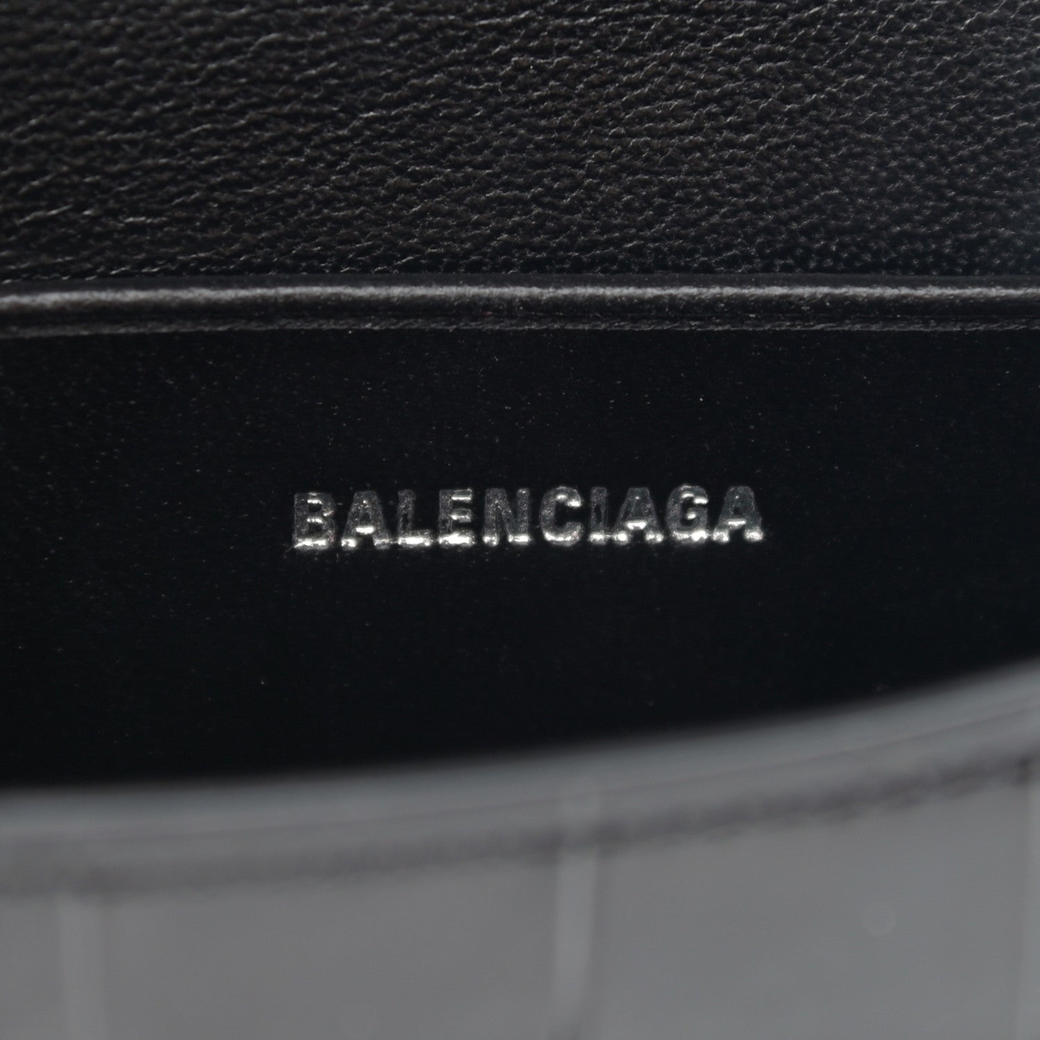 Balenciaga Shiny Calfskin Monochrome Crocodile Embossed Hourglass Top Handle Bag Mini with Chain Black 6 of 10