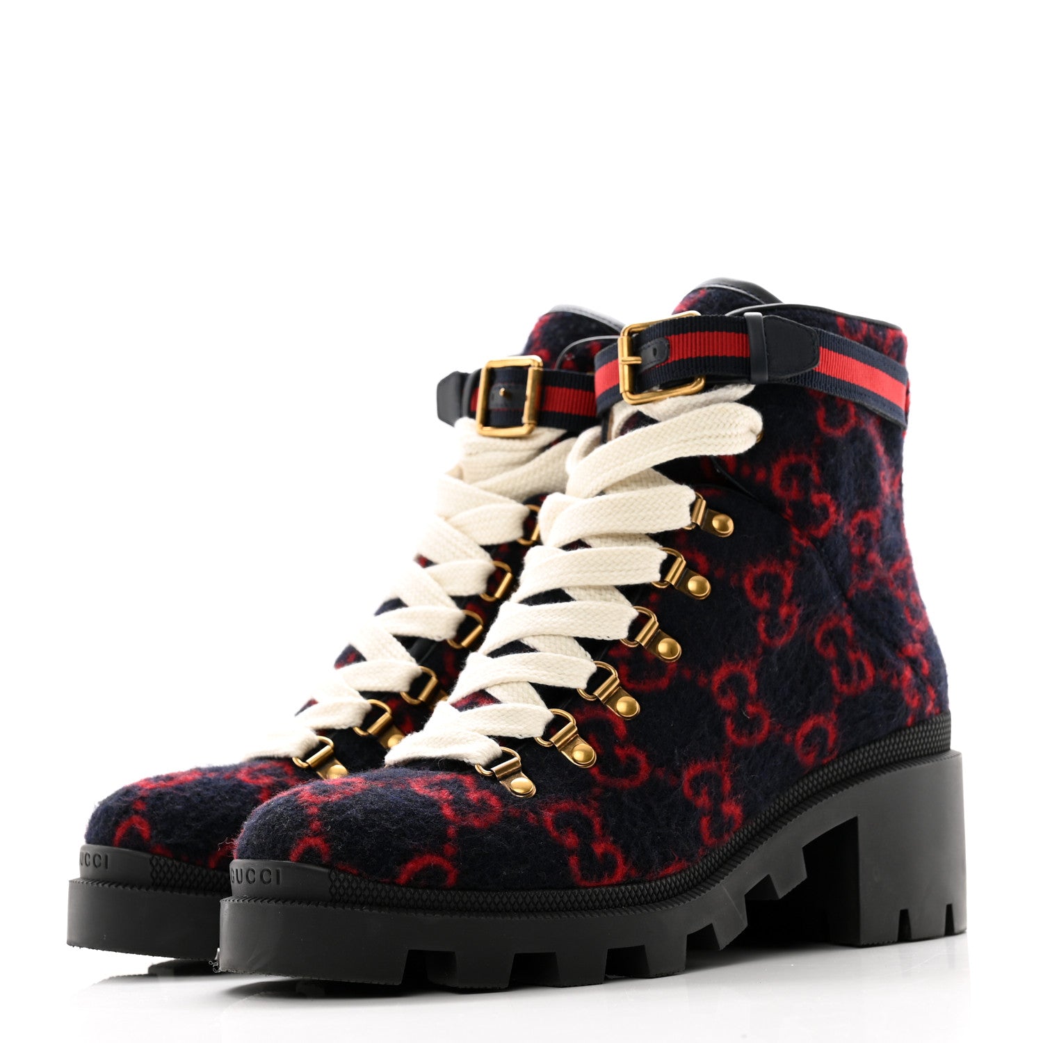Gucci Covered Wool Big GG Monogram Womens Lace Up Combat Ankle Boots 39.5 Blue Red 3 of 11