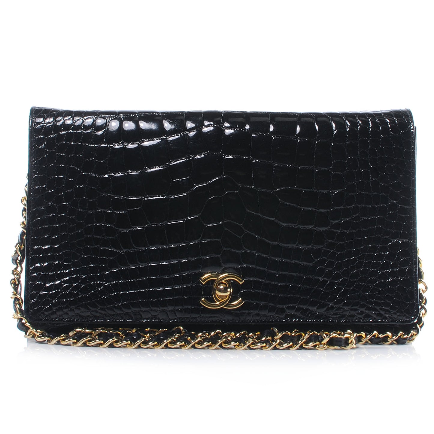 Shiny Crocodile Medium Single Flap Black