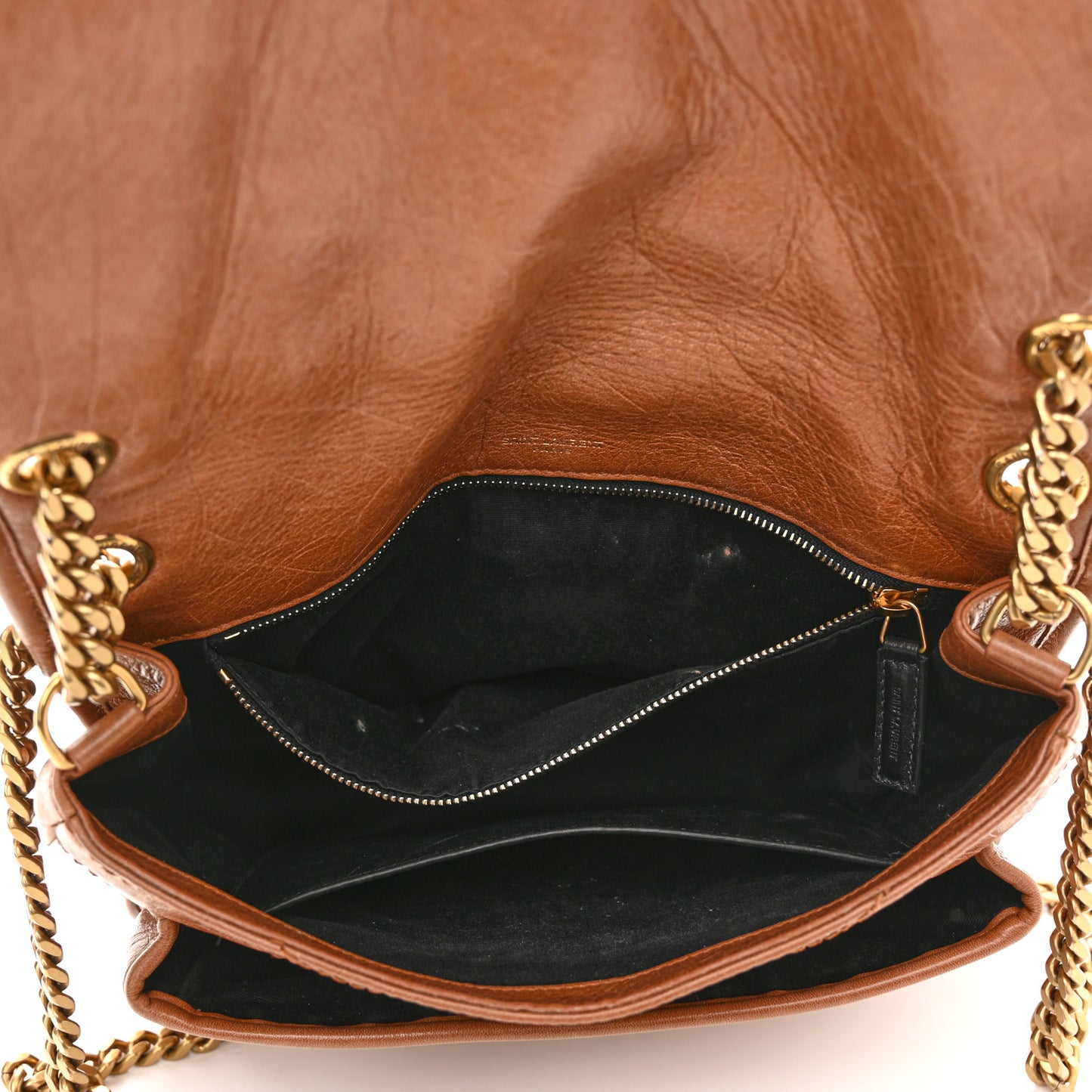 Crinkled Calfskin Matelasse Monogram Medium Niki Chain Satchel Caramel