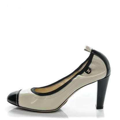 Chanel Patent CC Elastic Cap Toe Pumps 42 Light Beige Black 1 of 7