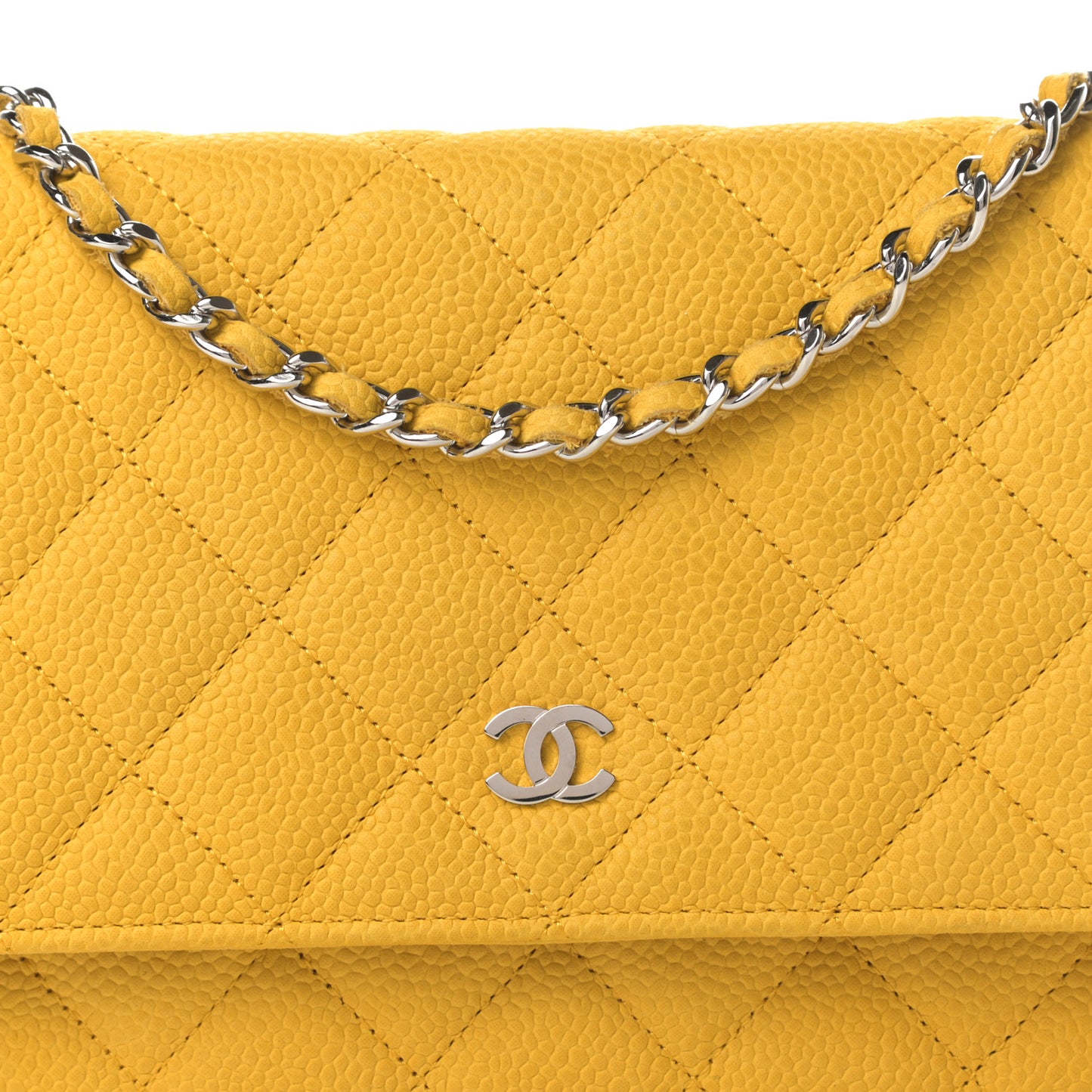 Iridescent Caviar Quilted Wallet on Chain WOC Yellow