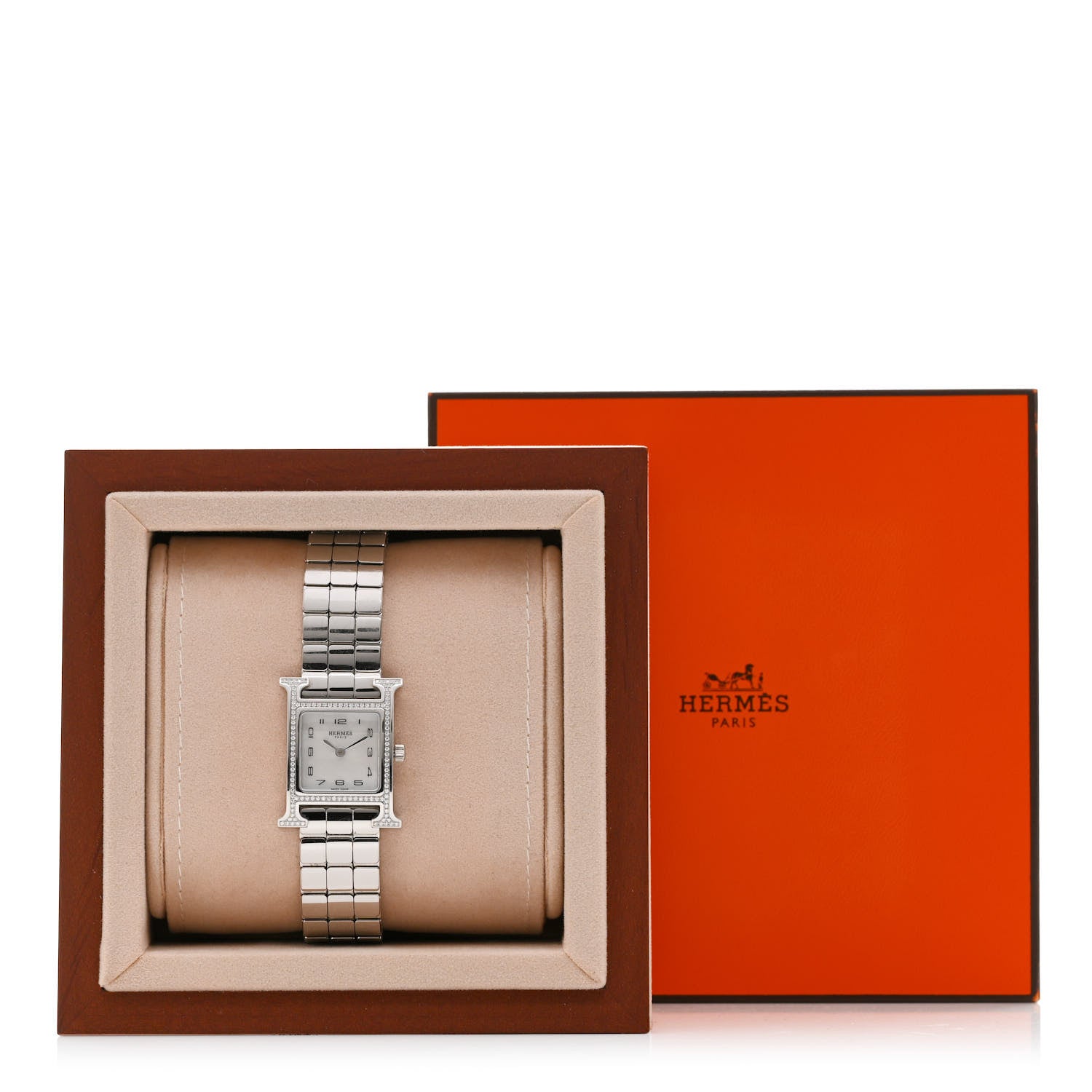 Hermes Stainless Steel Diamond Bezel Mother of Pearl 21mm Heure H Hour Quartz Watch 5 of 5