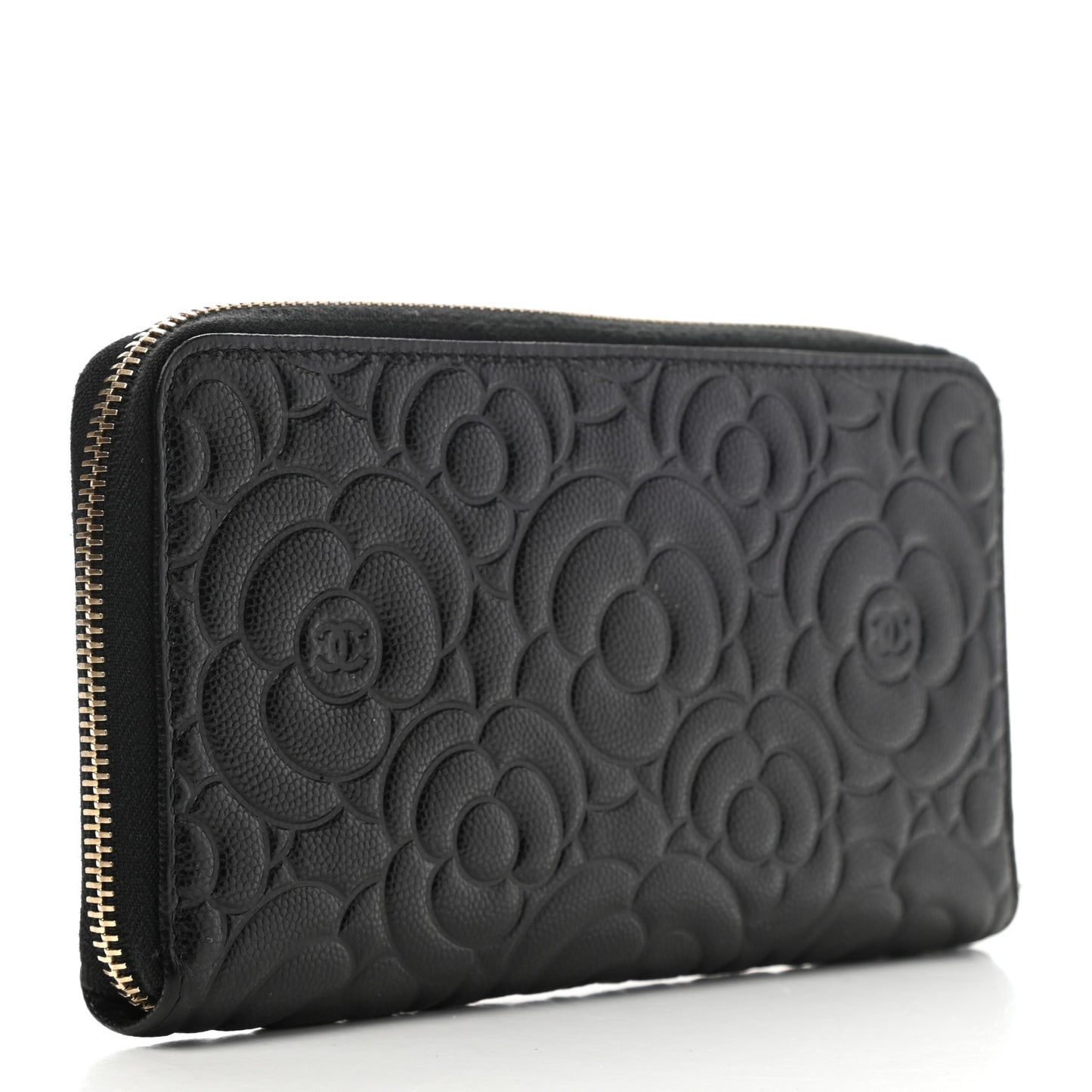 Caviar Camellia Embossed Large Zip Around Gusset Wallet Black