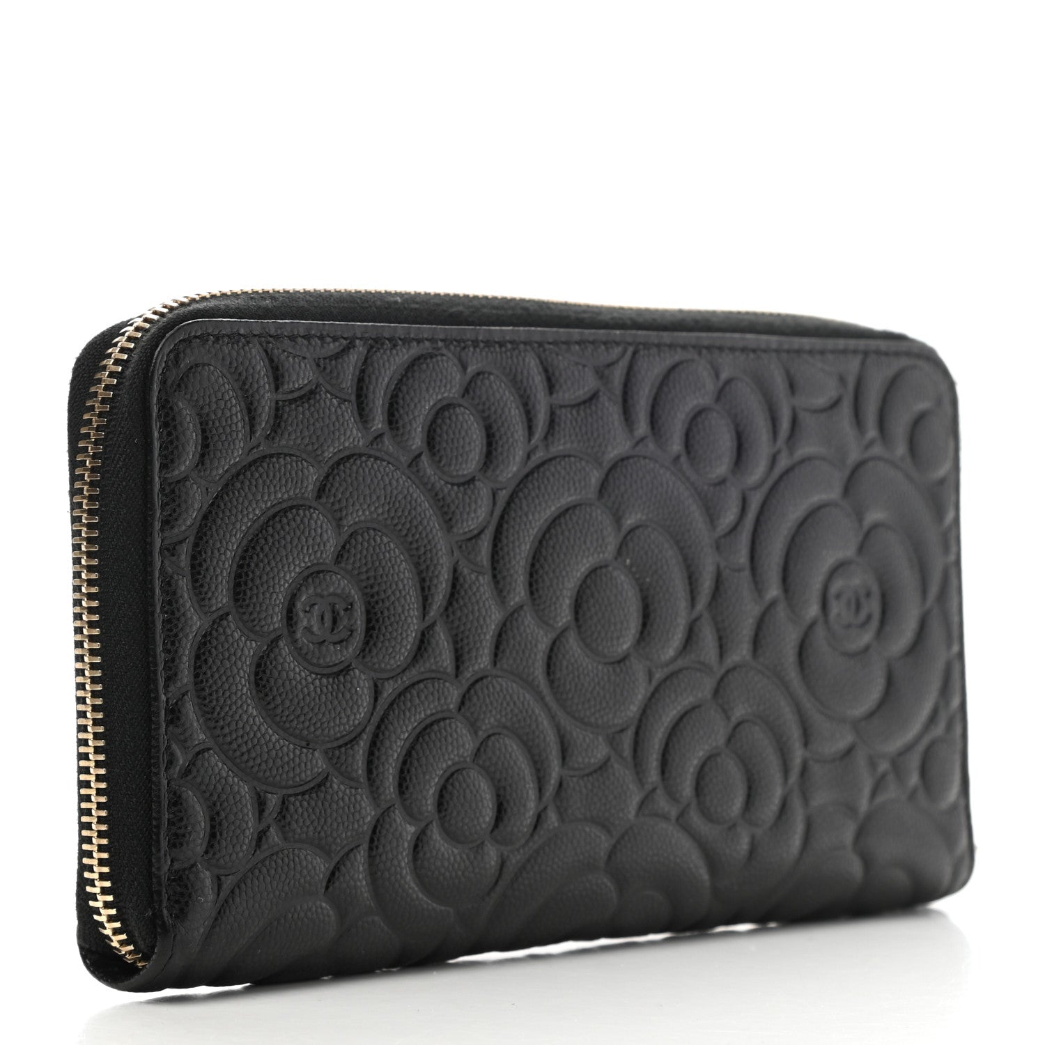 Chanel Caviar Camellia Embossed Large Zip Around Gusset Wallet Black 3 of 9