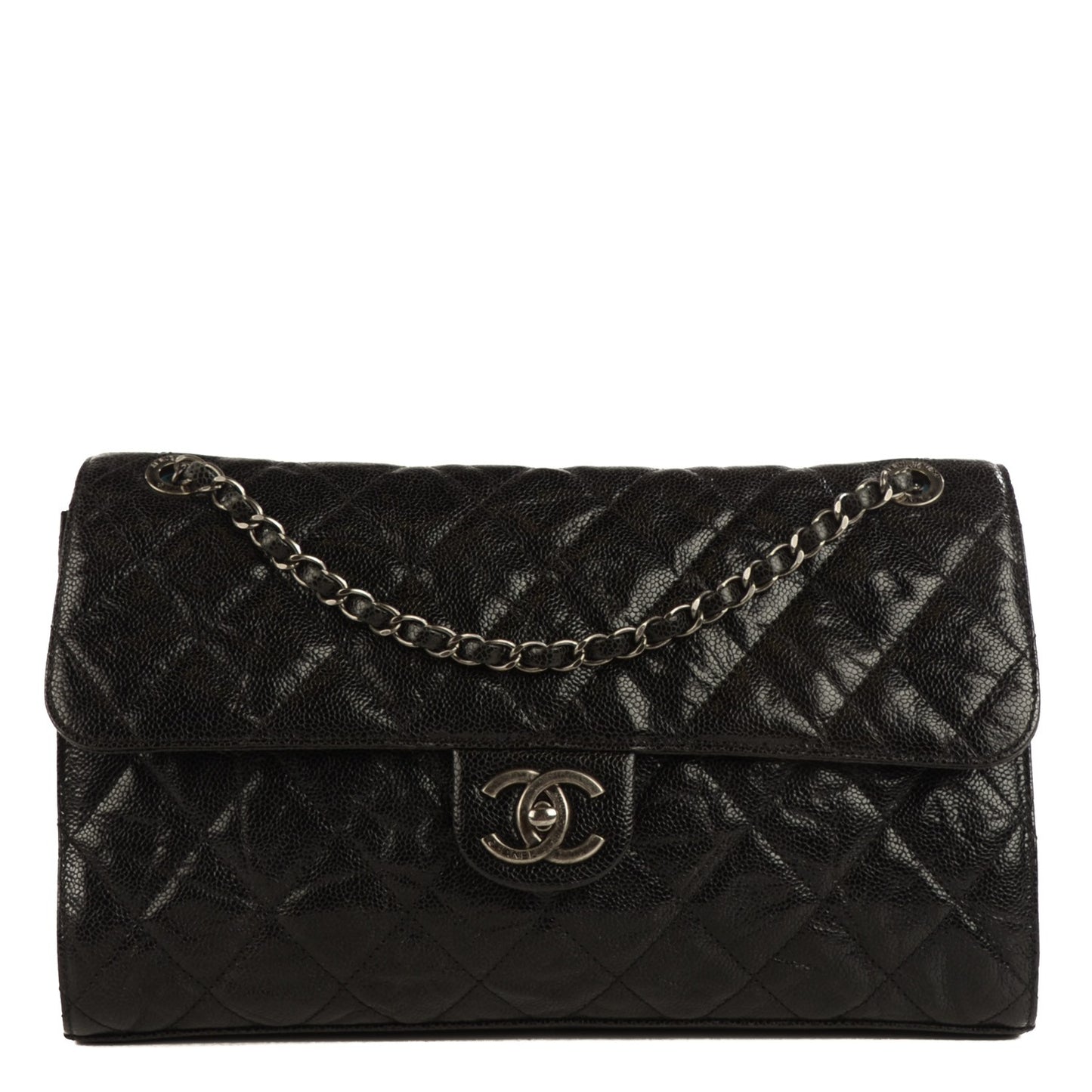 Crumpled Grained Calfskin Jumbo CC Crave Flap Black