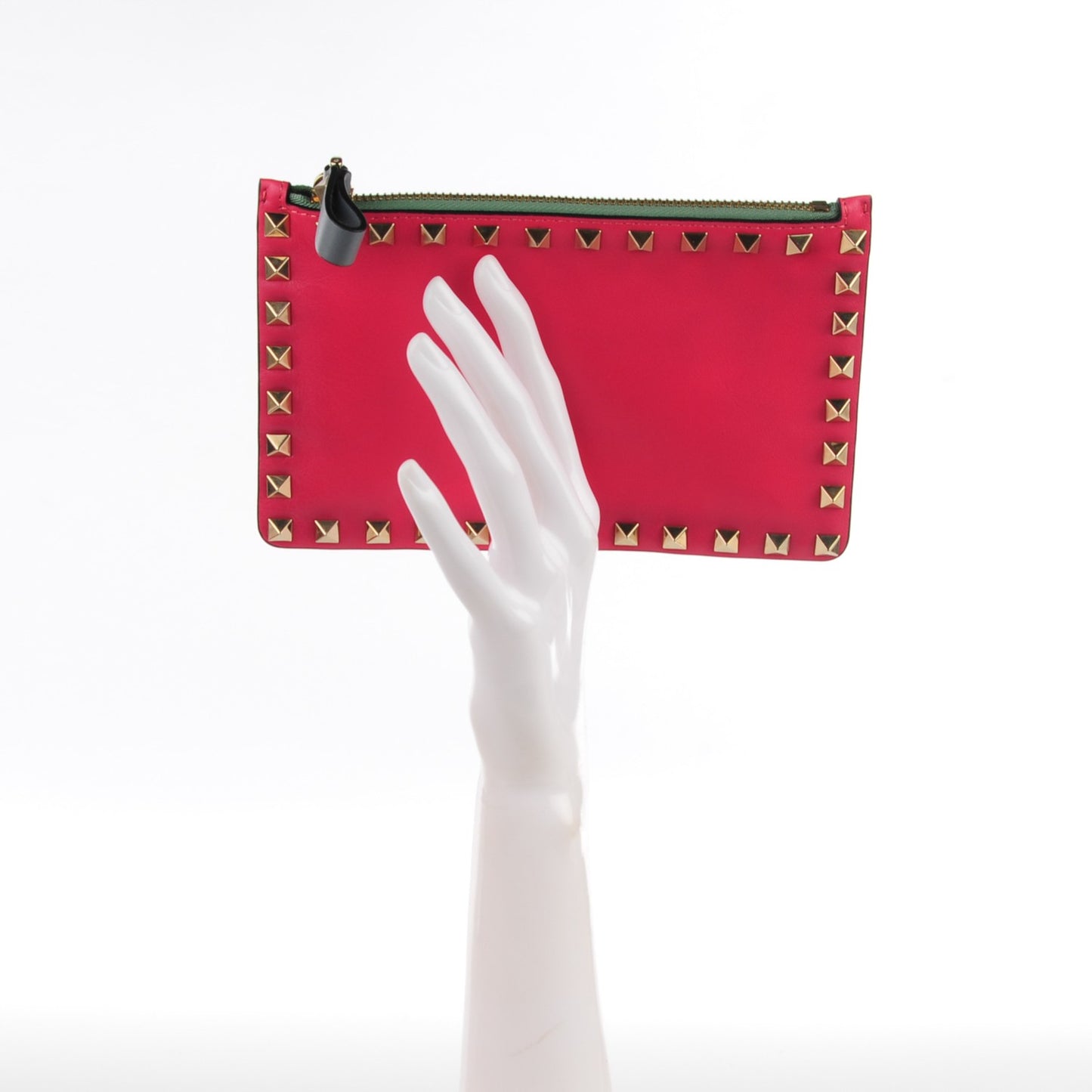 Vitello Italian Pop Small Rockstud Zip Pouch Deep Rose Scarlet