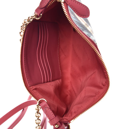 Burberry Haymarket Check Floral Print Peyton Wristlet Plum Pink Pewter Blue 5 of 8