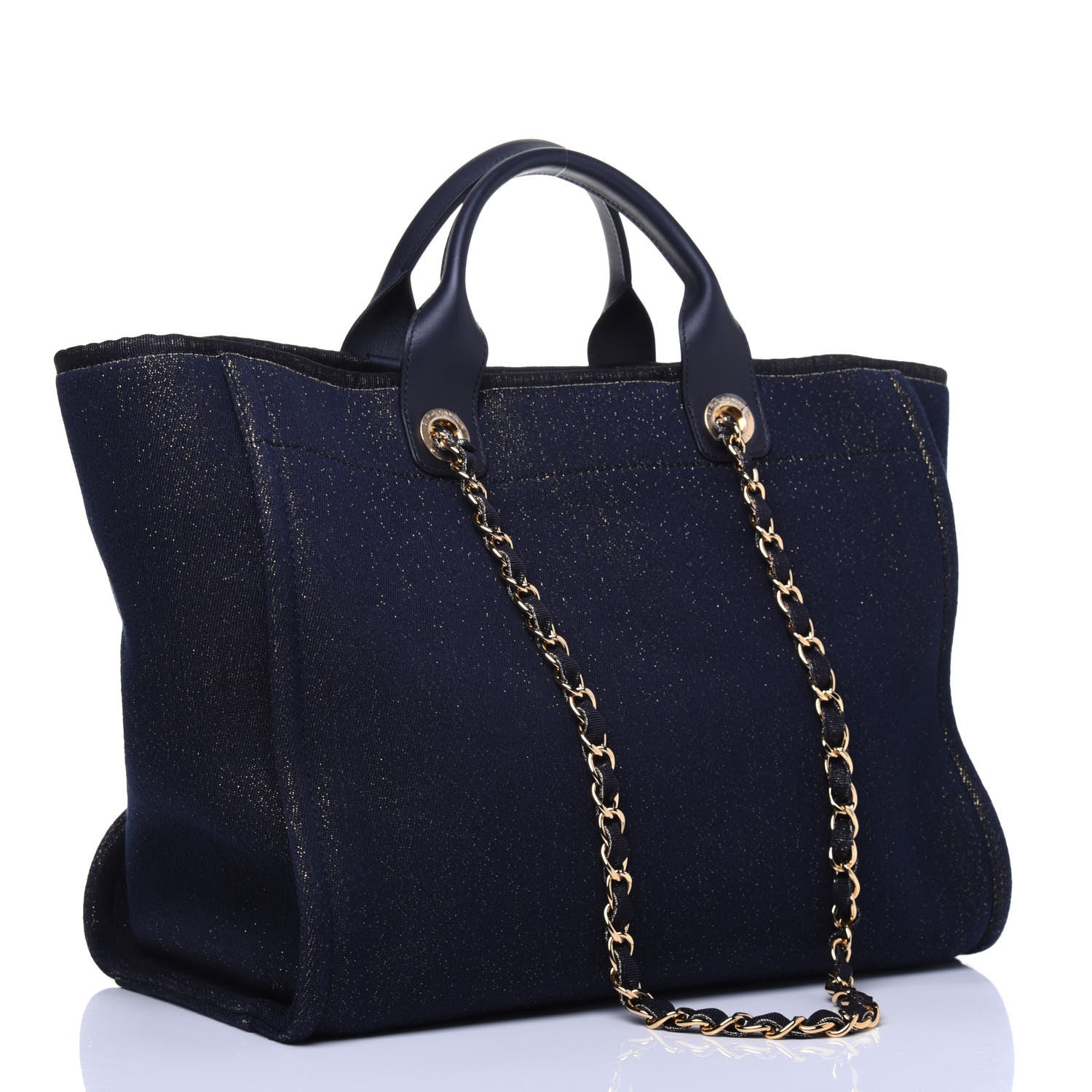 Chanel Lurex Canvas Medium Deauville Tote Navy Blue Gold 3 of 15