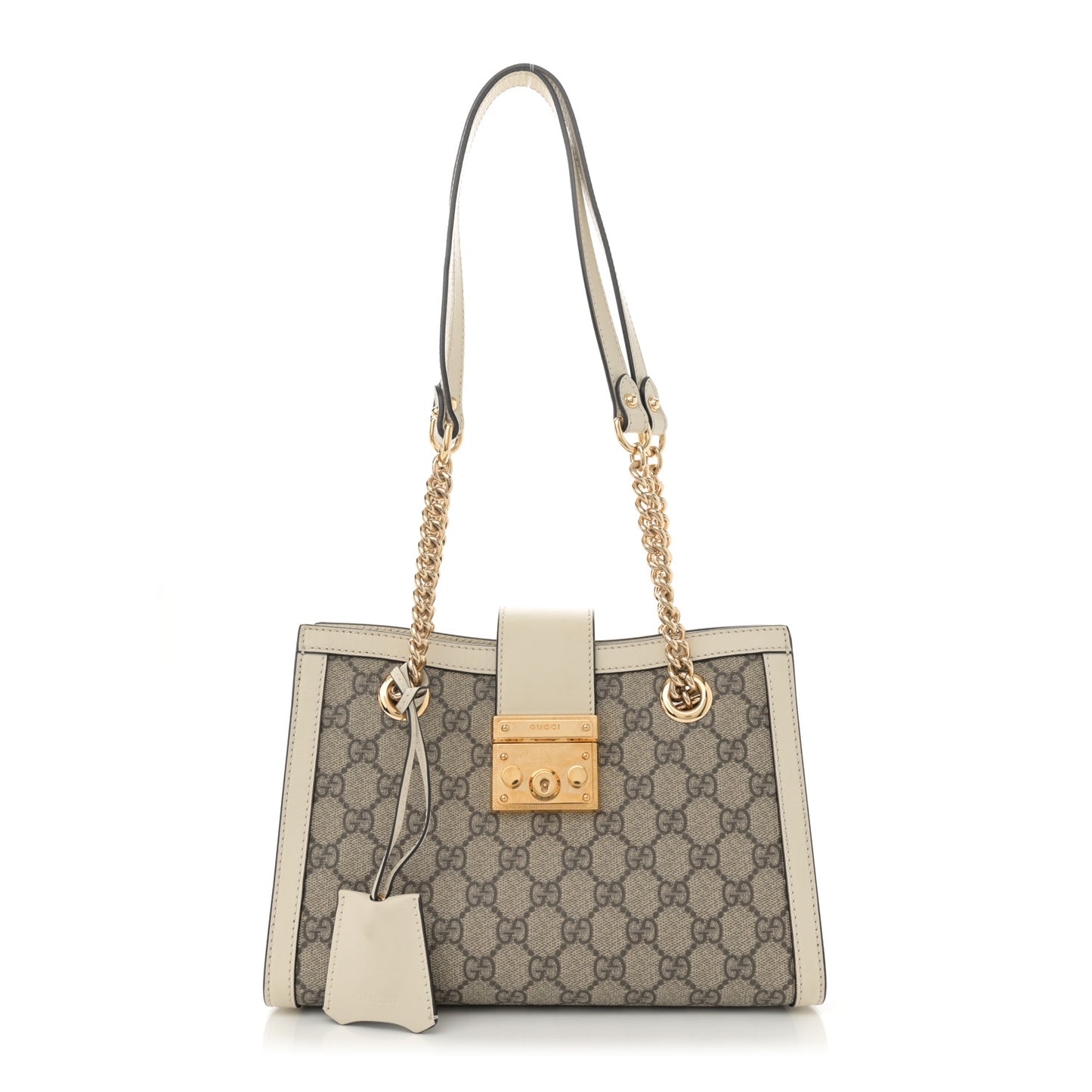 GG Supreme Monogram Moon Calfskin Small Padlock Tote Beige Ebony Mystic White