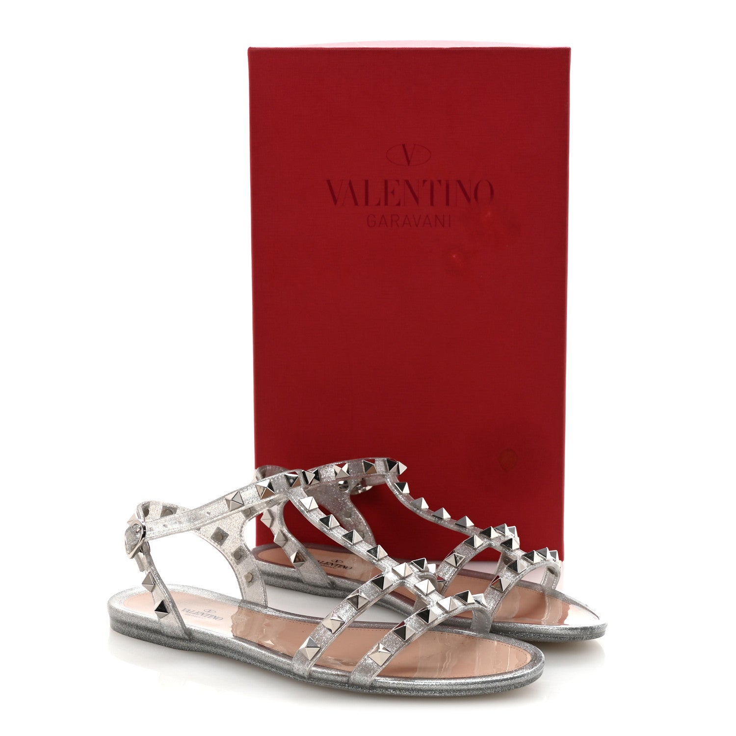 Valentino Garavani PVC Jelly Glitter Rockstud Caged Flat Thong Sandals 36 Silver 9 of 9