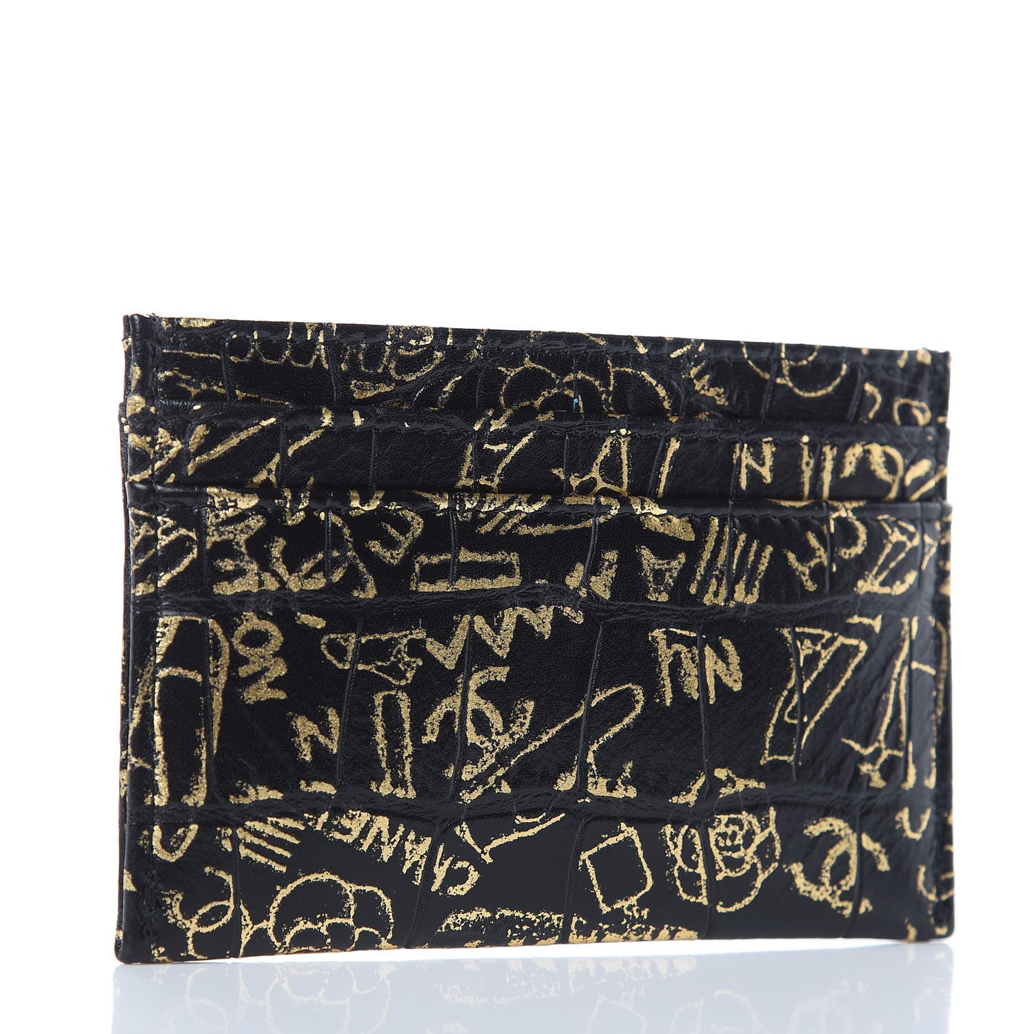 Chanel Calfskin Crocodile Embossed Graffiti 2.55 Cocodile Reissue Card Holder Black Gold 3 of 9