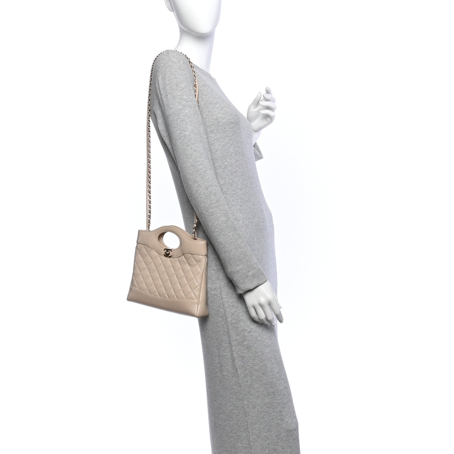 Shiny Crumpled Calfskin Quilted Mini 31 Shopping Bag  Beige