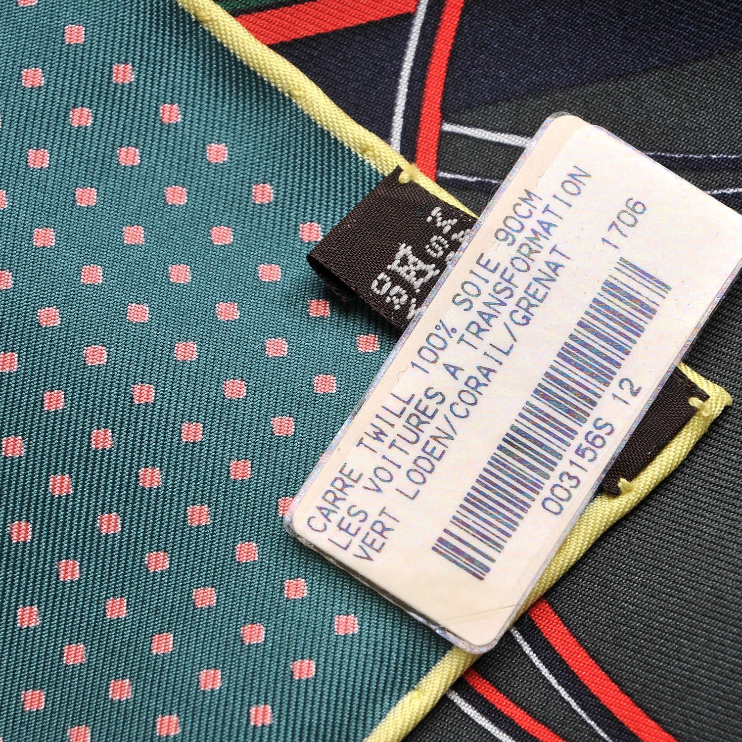 Hermes Silk Les Voitures A Transformation Scarf 90 Vert Loden Corail Grenat 6 of 7