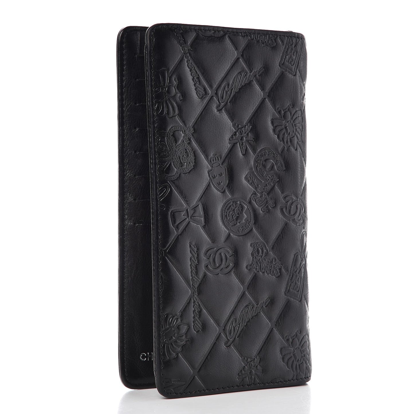 Calfskin Quilted Lucky Symbols Flap Wallet Black