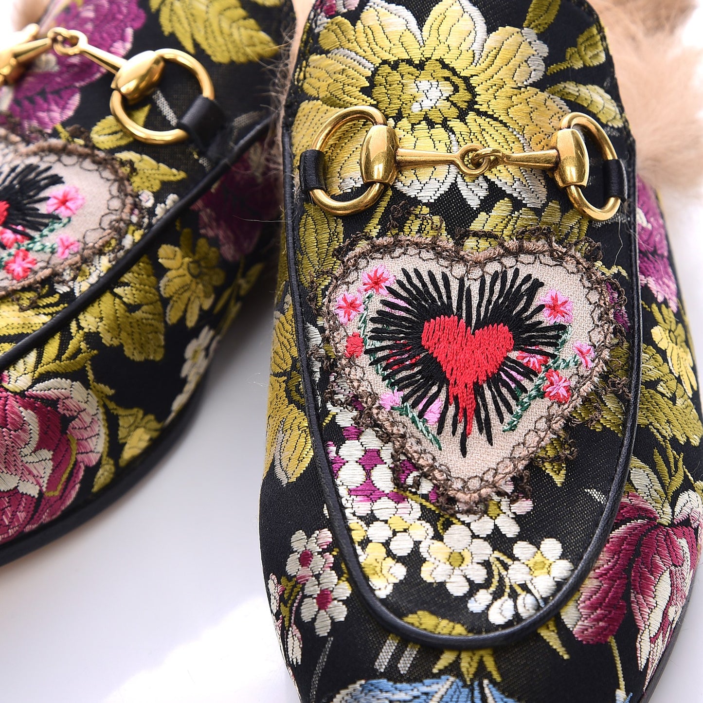Jacquard Fur Floral Embroidered Womens Princetown Slippers 35.5 Black Multicolor