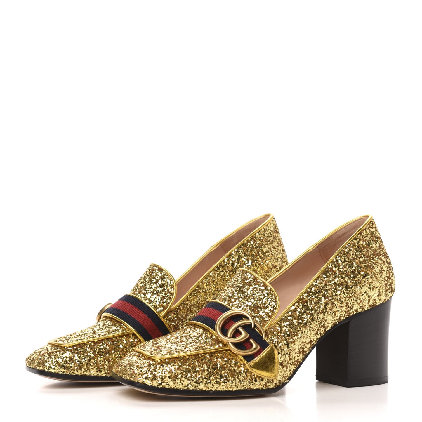Glitter Nappa Web Peyton 75mm Loafer Pumps 37.5 Oro Vecchio