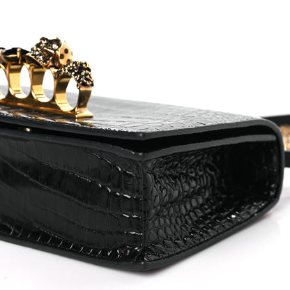 Alexander McQueen Shiny Calfskin Crocodile Embossed Knuckle Jeweled Crossbody Black 7 of 8