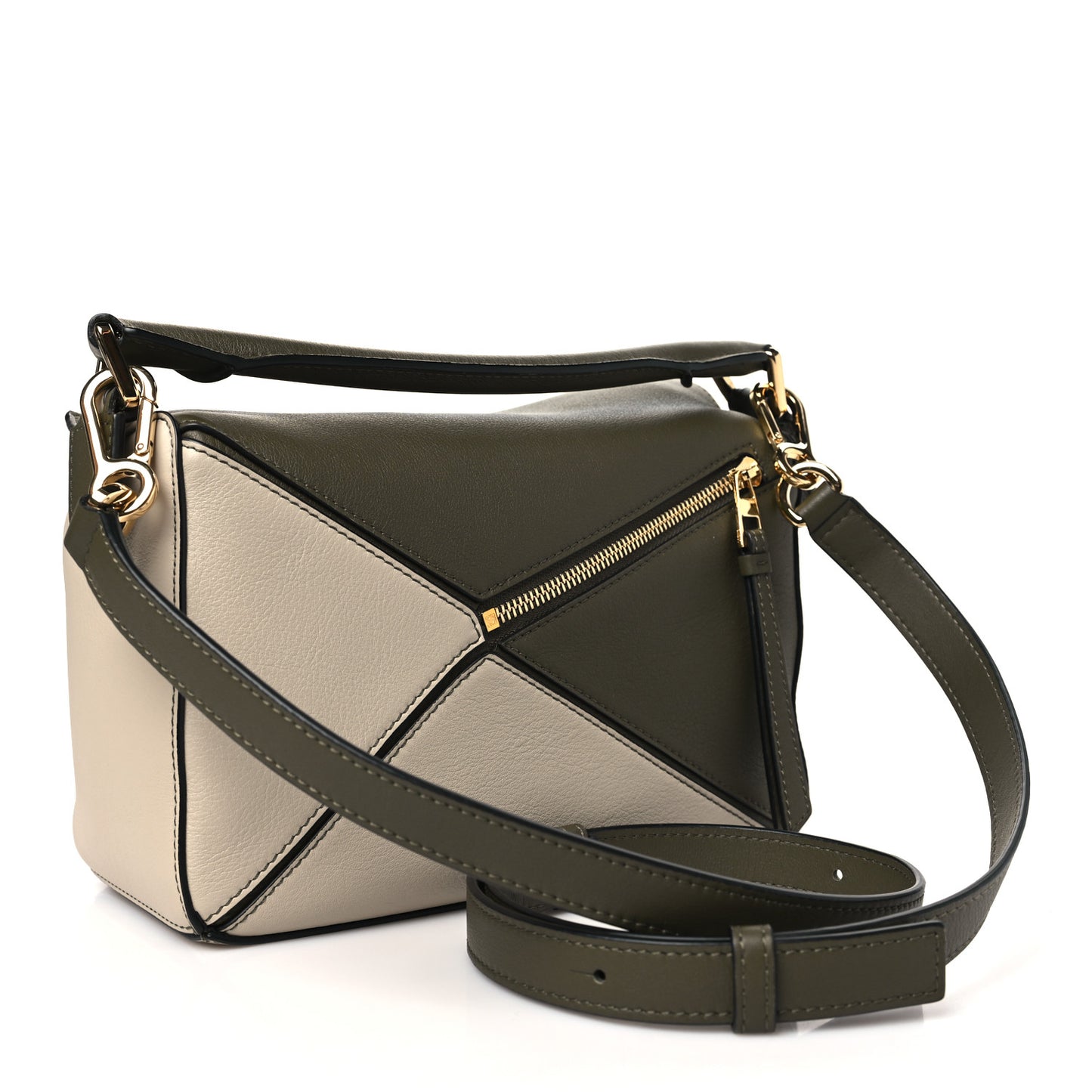Grained Calfskin Small Puzzle Bag Autumn Green Light Oat