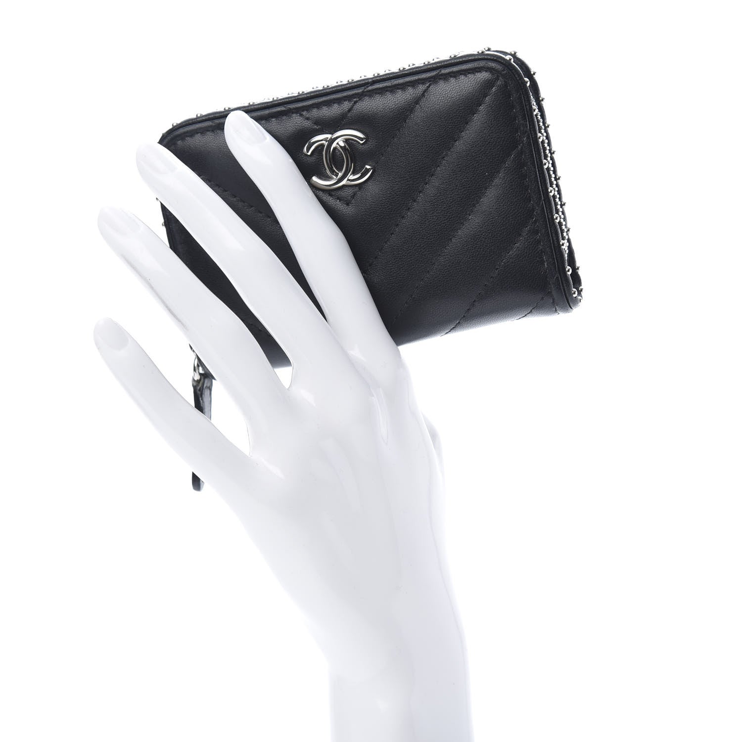 Chanel Lambskin Chevron Quilted Studded Zip Around Coin Purse Black 2 of 8