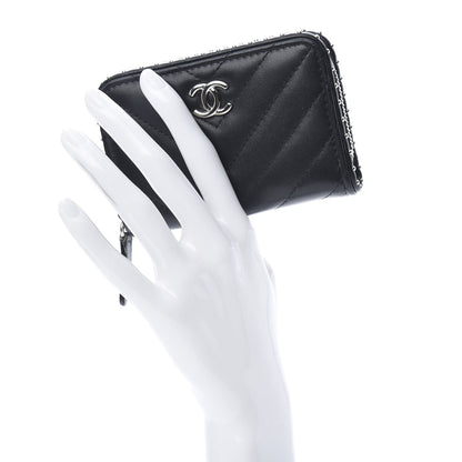 Chanel Lambskin Chevron Quilted Studded Zip Around Coin Purse Black 2 of 8