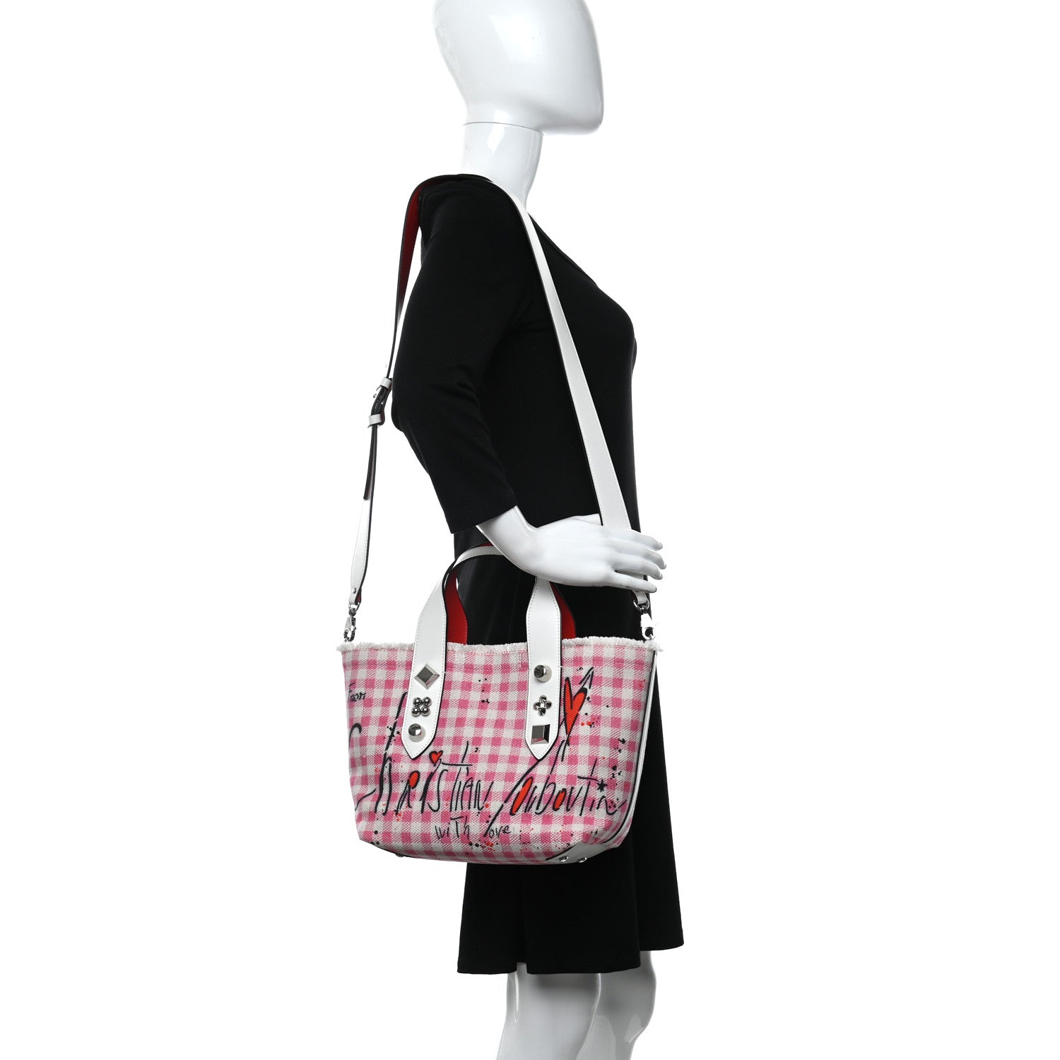 Christian Louboutin Canvas Gingham Printed Mini Frangibus Tote Pink White 2 of 9