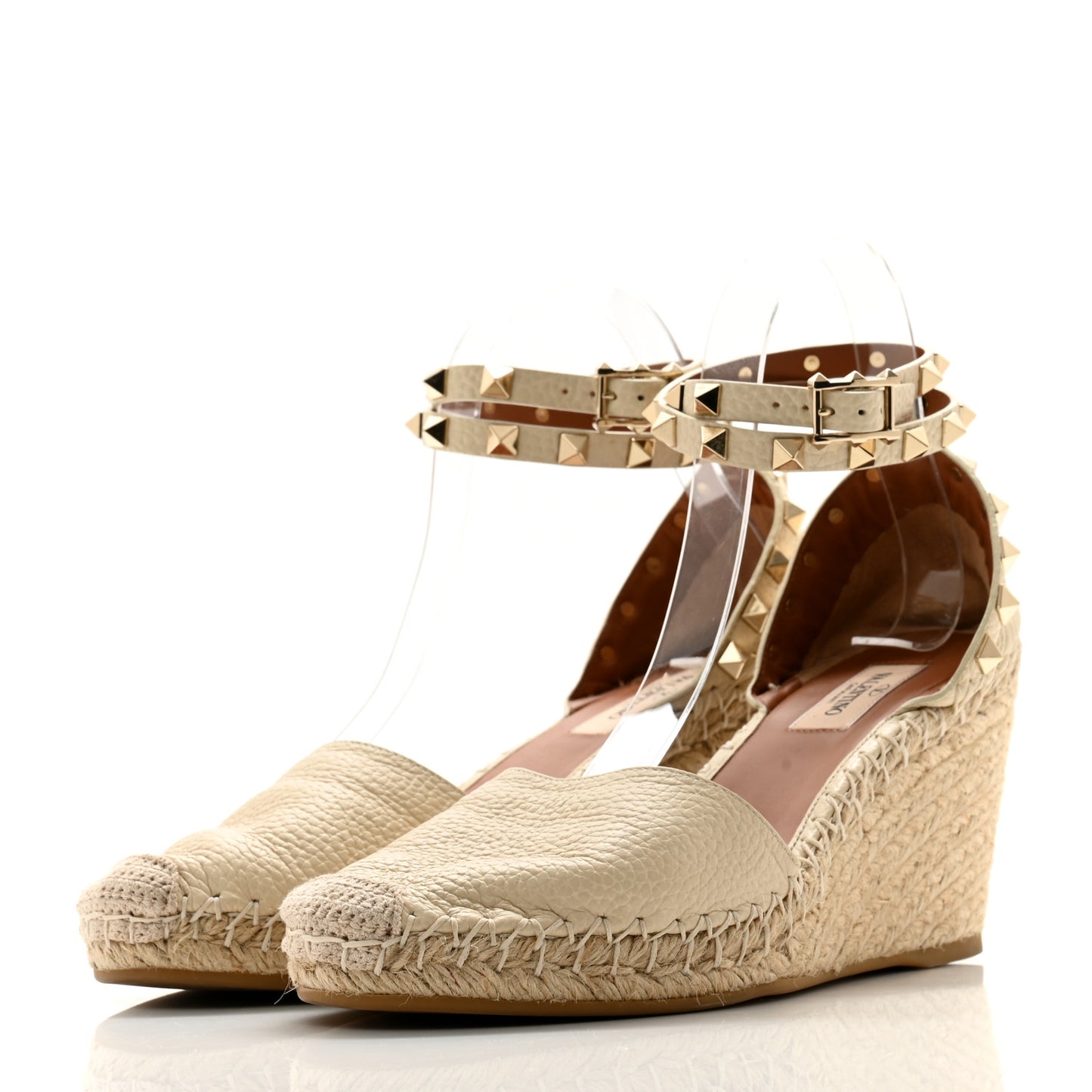 Grained Calfskin Rockstud Ankle Wrap Espadrille 15/85mm Wedges 38 Light Ivory