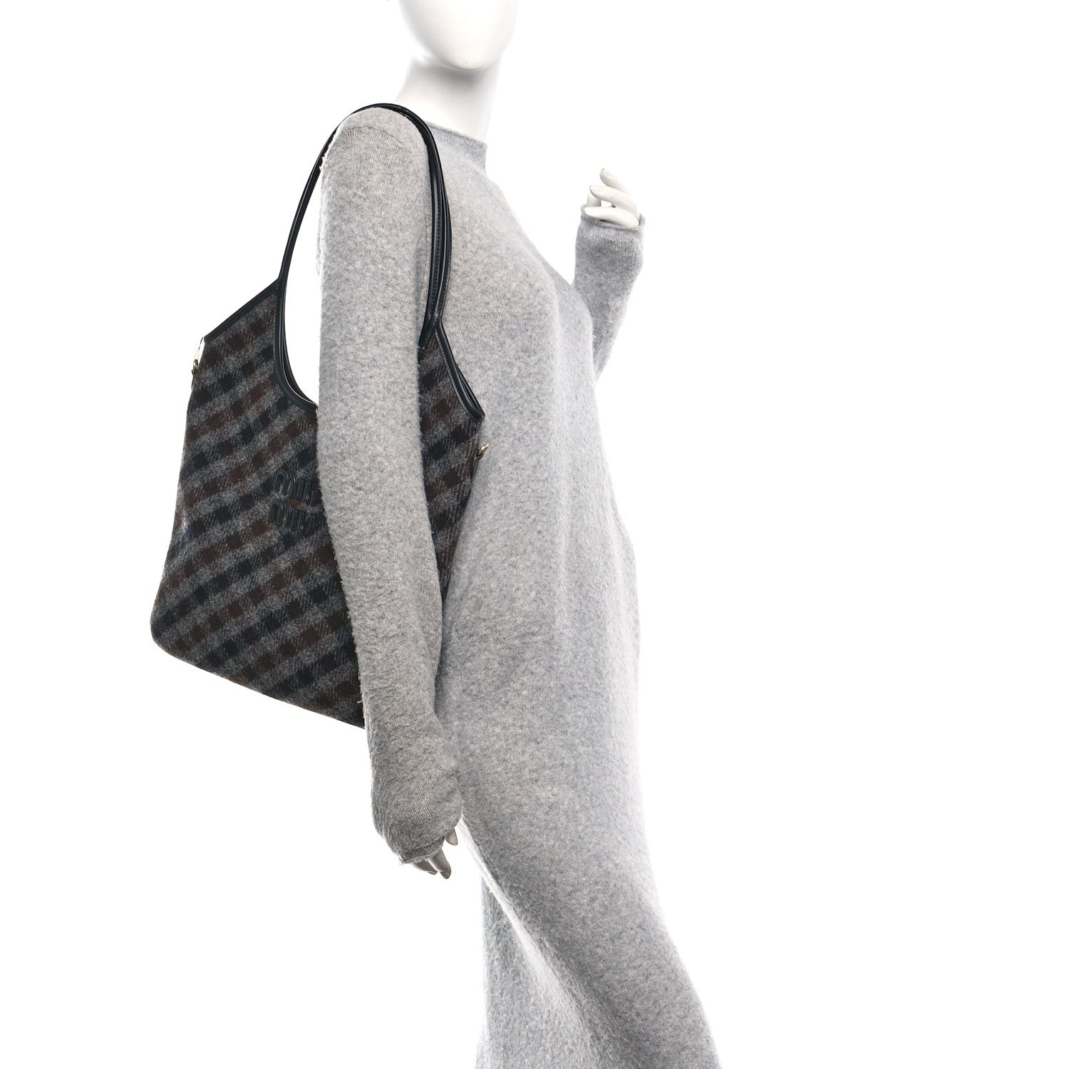 Miu Miu Wool Nappa Plaid Ivy Bag Slate Gray Cocoa Brown 2 of 9