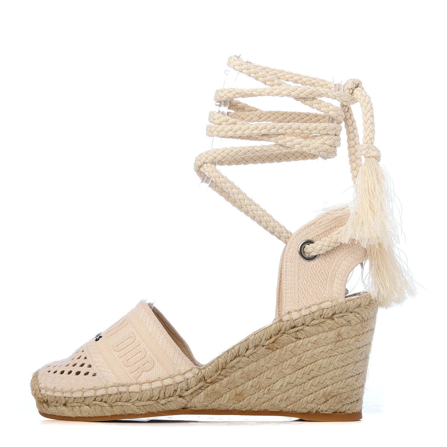 Canvas Embroidered Granville Ankle Tie Espadrille Wedges 36 Cream