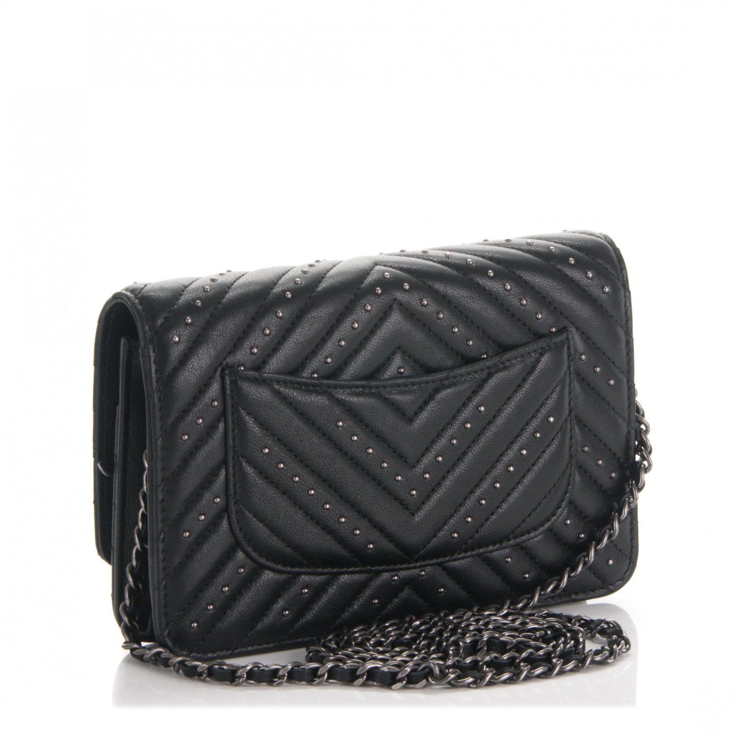 Studded Sheepskin Quilted Chevron Reissue Wallet On Chain WOC Black