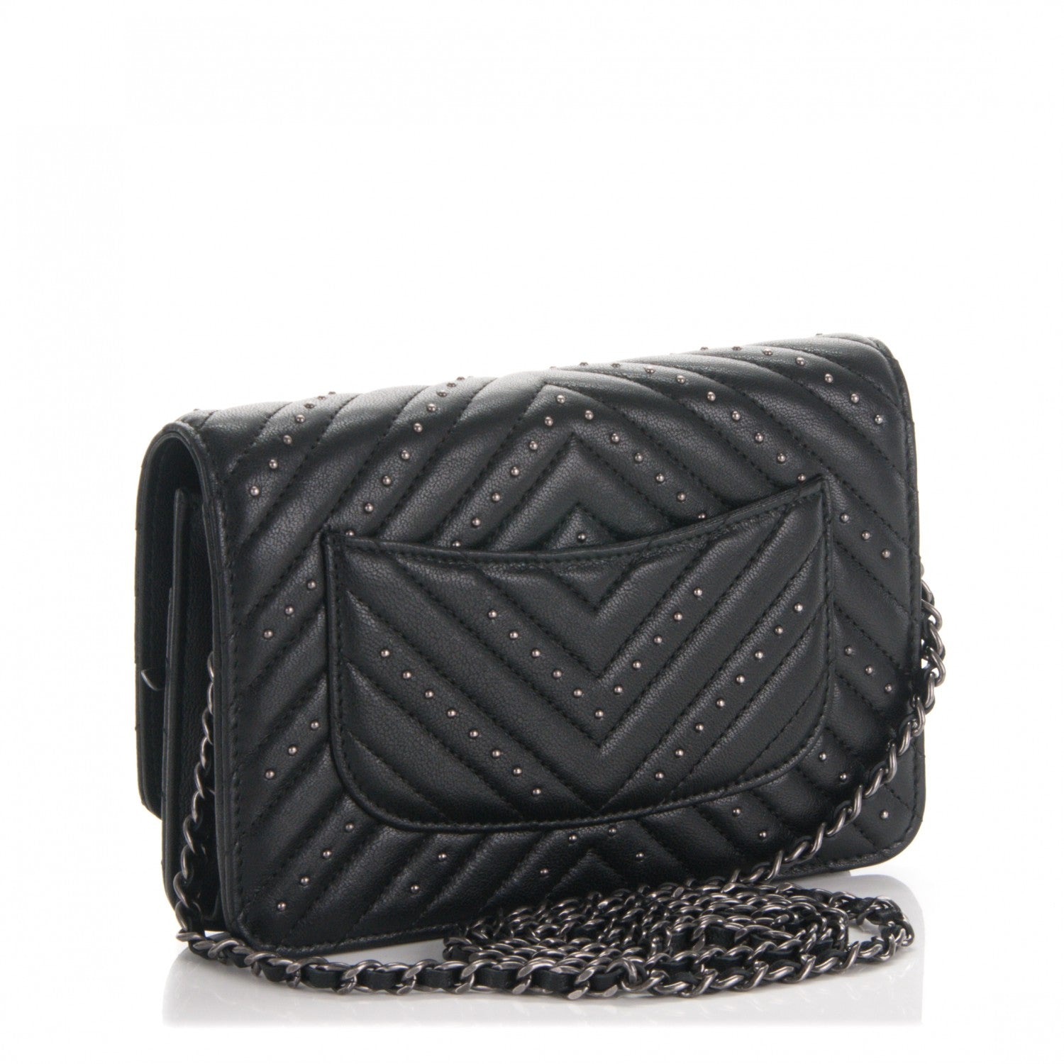 Chanel Studded Sheepskin Quilted Chevron Reissue Wallet On Chain WOC Black 3 of 8