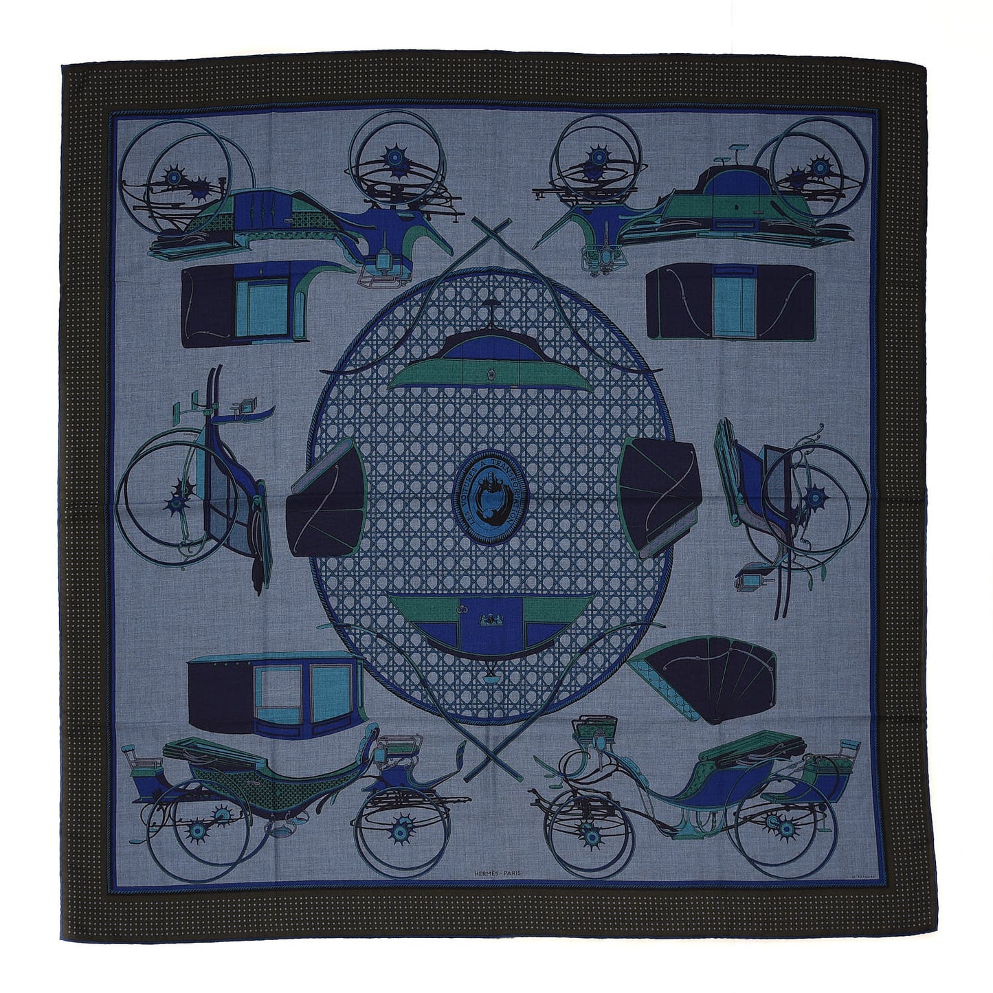 Cashmere Silk Les Voitures A Transformation Shawl 140 Bleu De Chine Kaki Marine