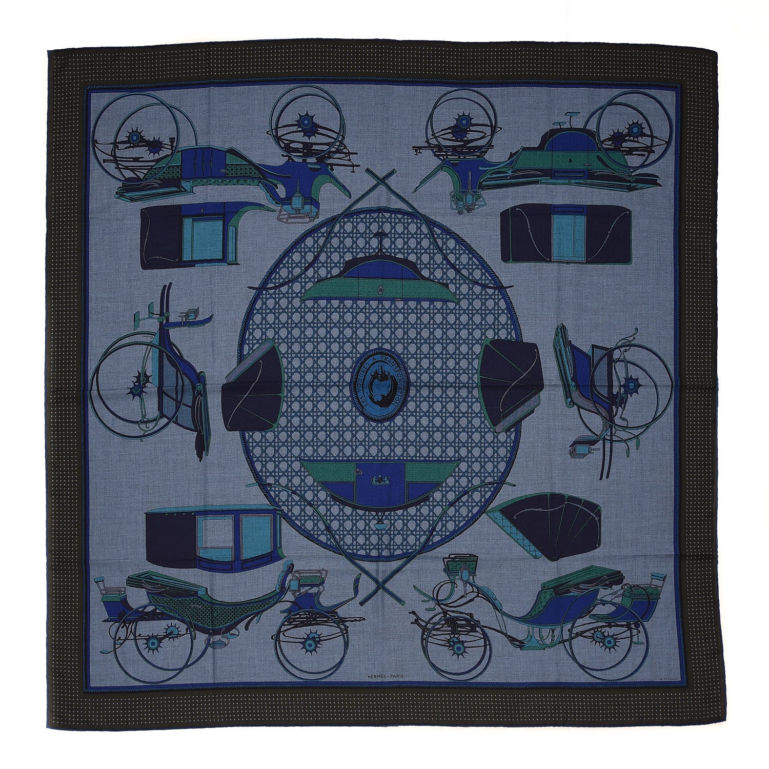 Hermes Cashmere Silk Les Voitures A Transformation Shawl 140 Bleu De Chine Kaki Marine 1 of 4