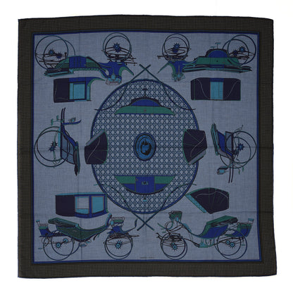 Hermes Cashmere Silk Les Voitures A Transformation Shawl 140 Bleu De Chine Kaki Marine 1 of 4