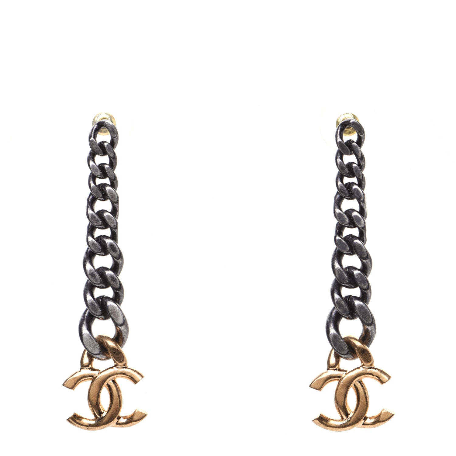 Chanel Metal CC Drop Earrings Ruthenium Gold 1 of 8
