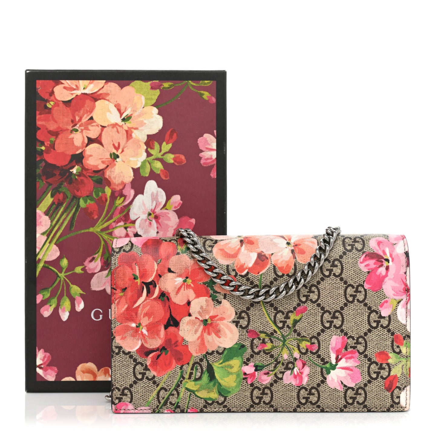 GG Supreme Monogram Blooms Chain Wallet Beige Multicolor Dry Rose