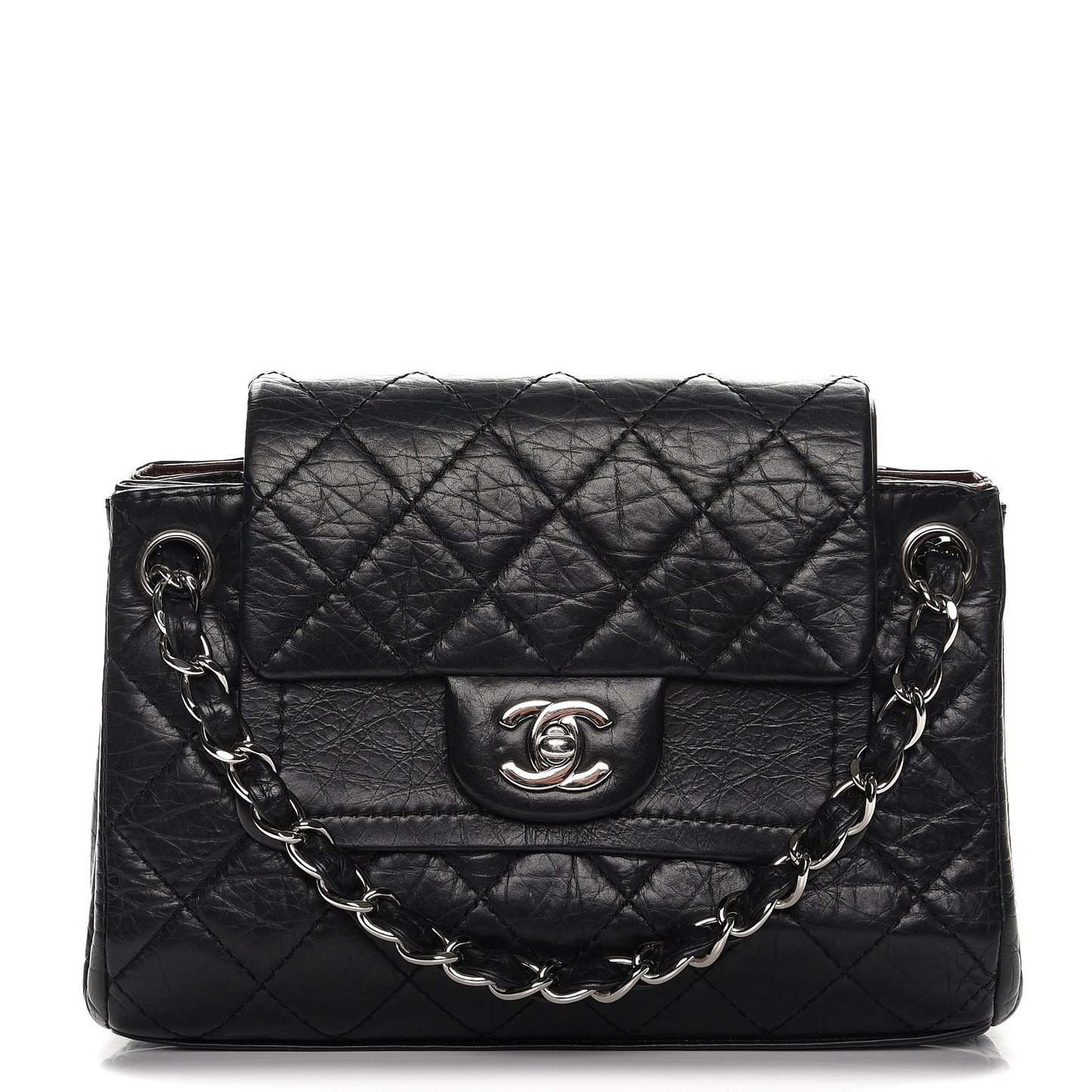 Aged Calfskin Quilted Accordion Double Flap Black
